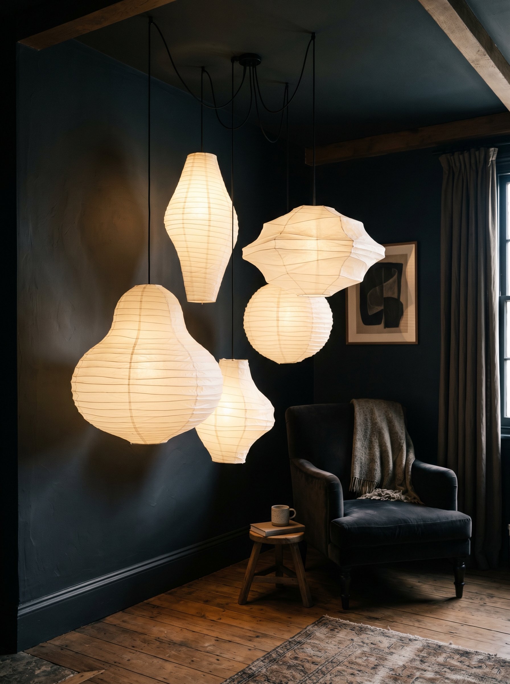 Photorealistic interior photo. A dark living room corner illuminated by a cluster of five oversized, oddly shaped white paper lanterns hanging from the ceiling at different heights. Soft, warm glowing