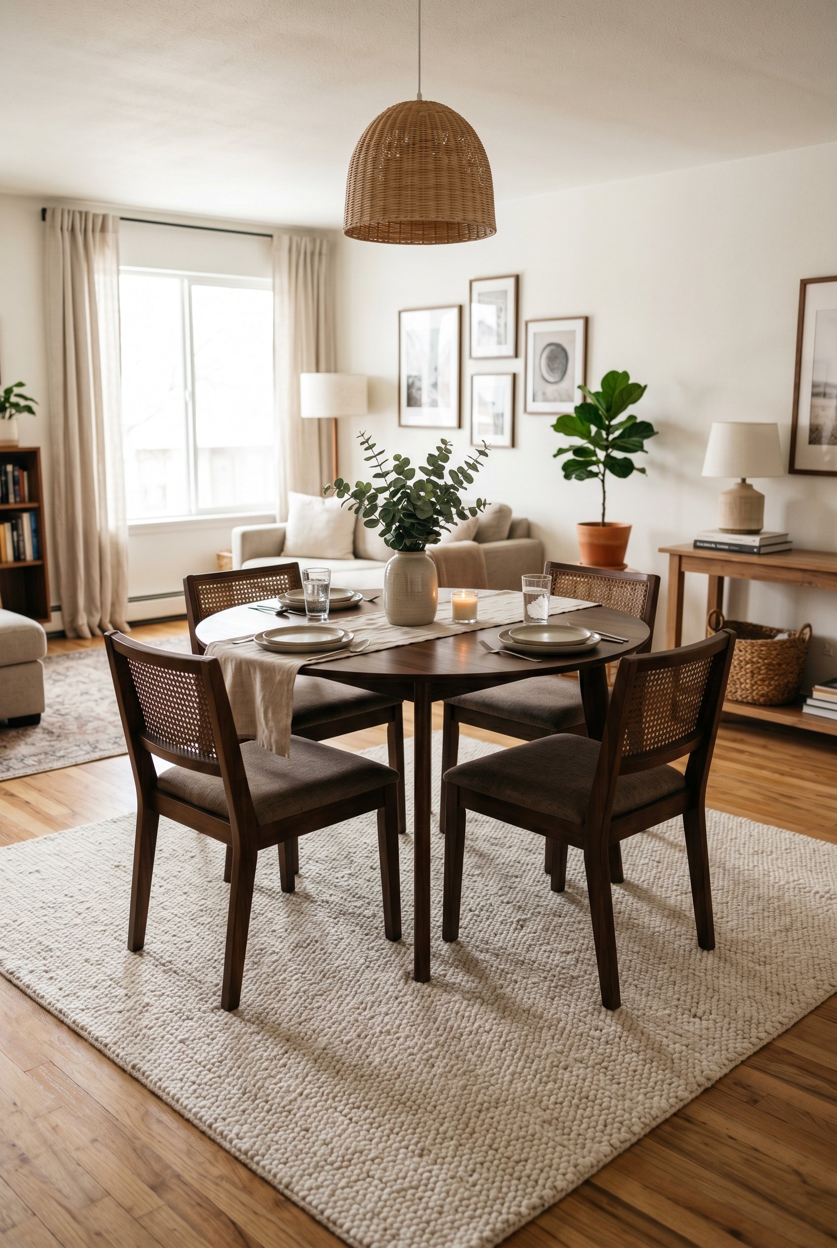 Photorealistic interior photo. A dark walnut round dining table centered on a large textured cream square rug, spacious layout, soft daylight, low angle. Editorial photography style, no people visible
