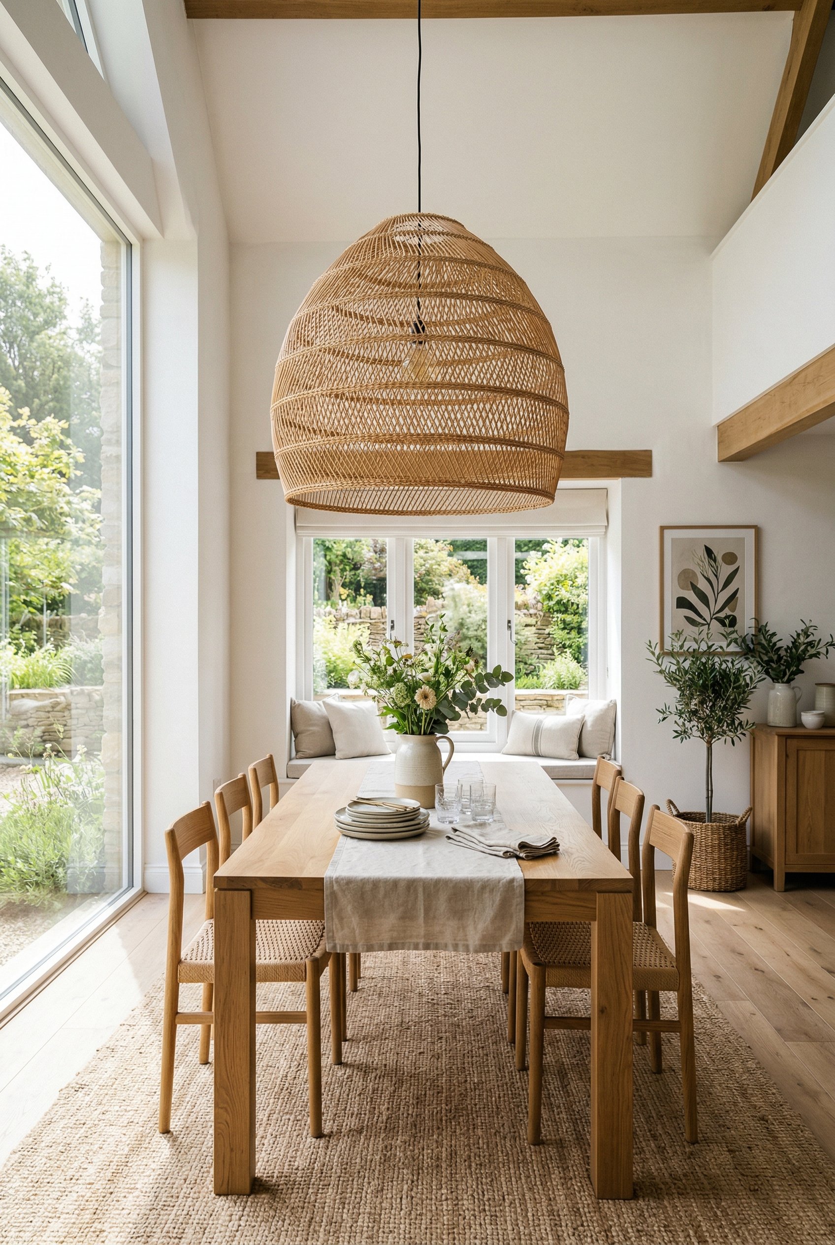 Photorealistic interior photo. A dining room featuring an oversized, open-weave rattan pendant light hanging above a minimalist wood table. Natural light pouring into the room. Editorial photography s