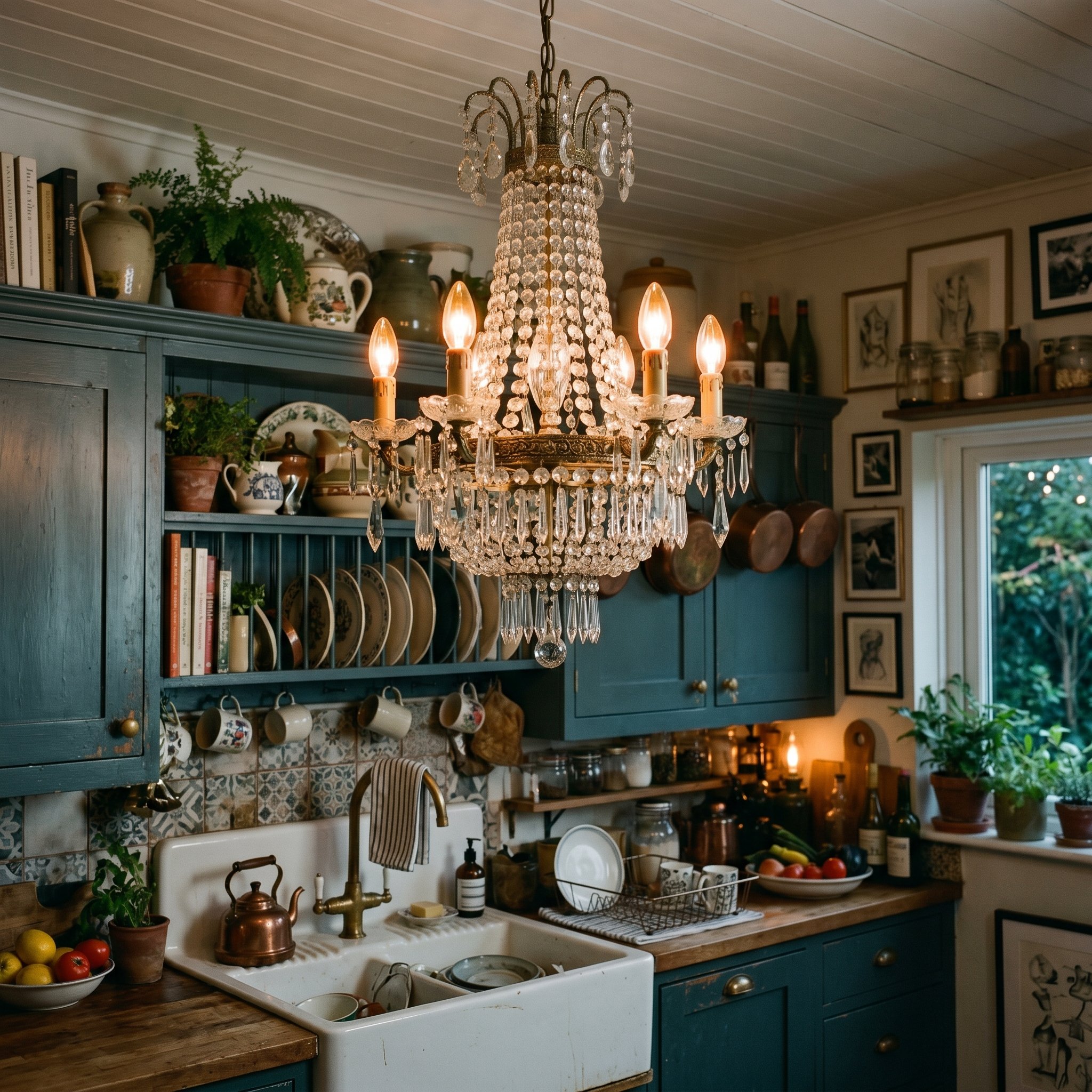 Photorealistic interior photo. A dripping, vintage crystal chandelier hanging directly over a kitchen sink in a moody, maximalist kitchen with painted cabinets. Editorial photography style, warm glowi