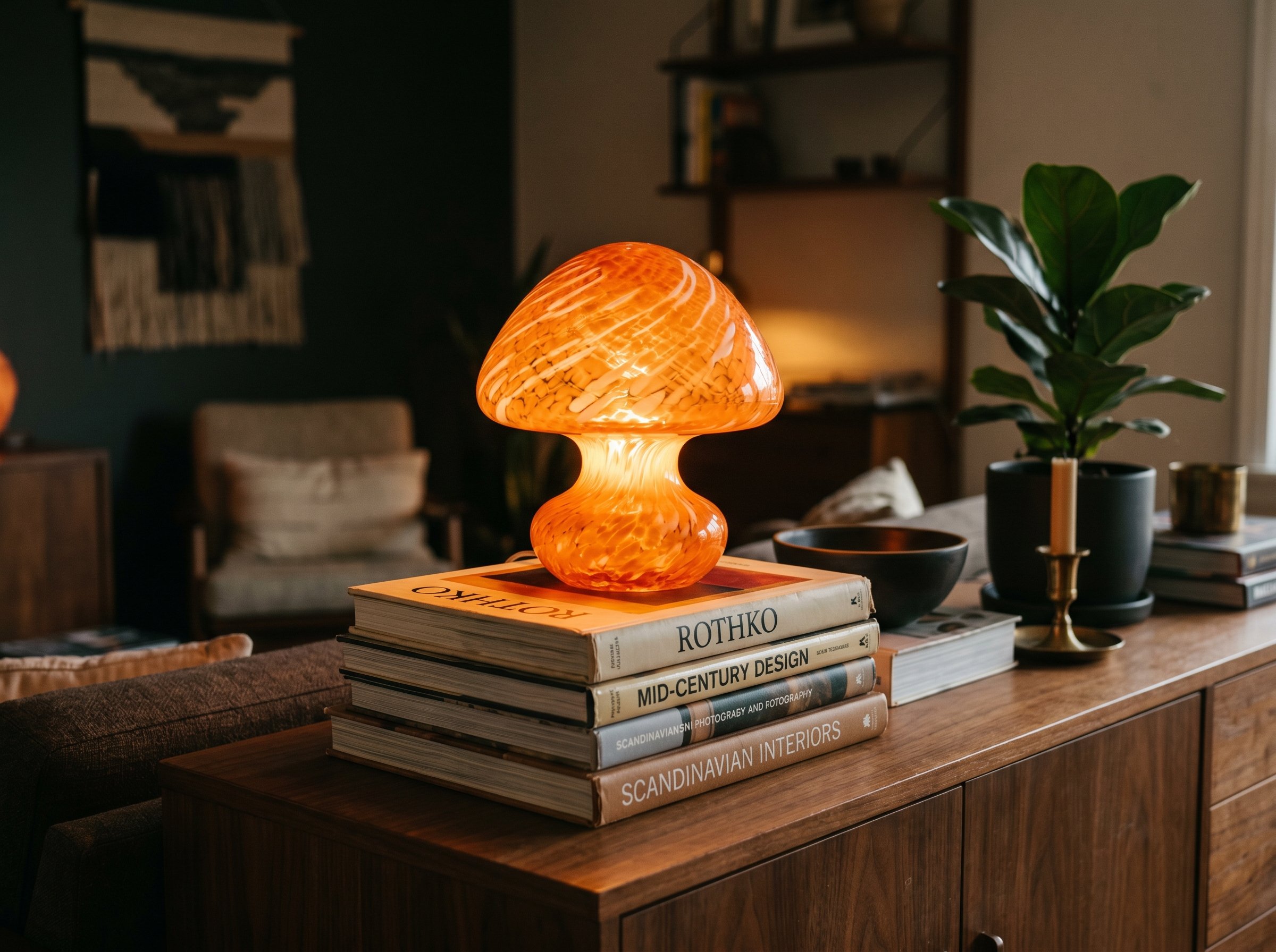 Photorealistic interior photo. A glowing vintage orange Murano glass mushroom lamp sitting on a stack of heavy art books on a modern wooden credenza. Dimmed ambient room lighting, close-up angle. Edit