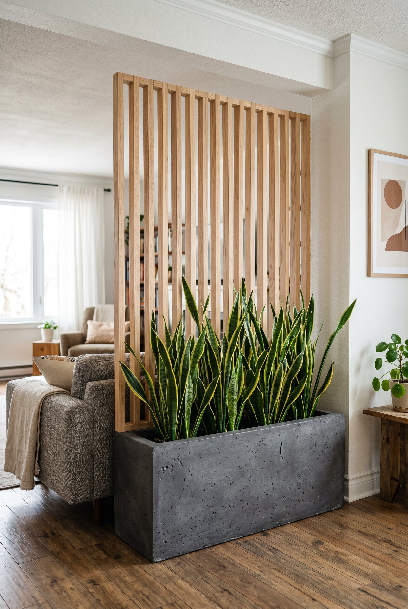 Photorealistic interior photo. A heavy charcoal rectangular planter box filled with tall vertical wooden slats serving as a freestanding privacy screen, planted with tall snake plants at the base. Bri