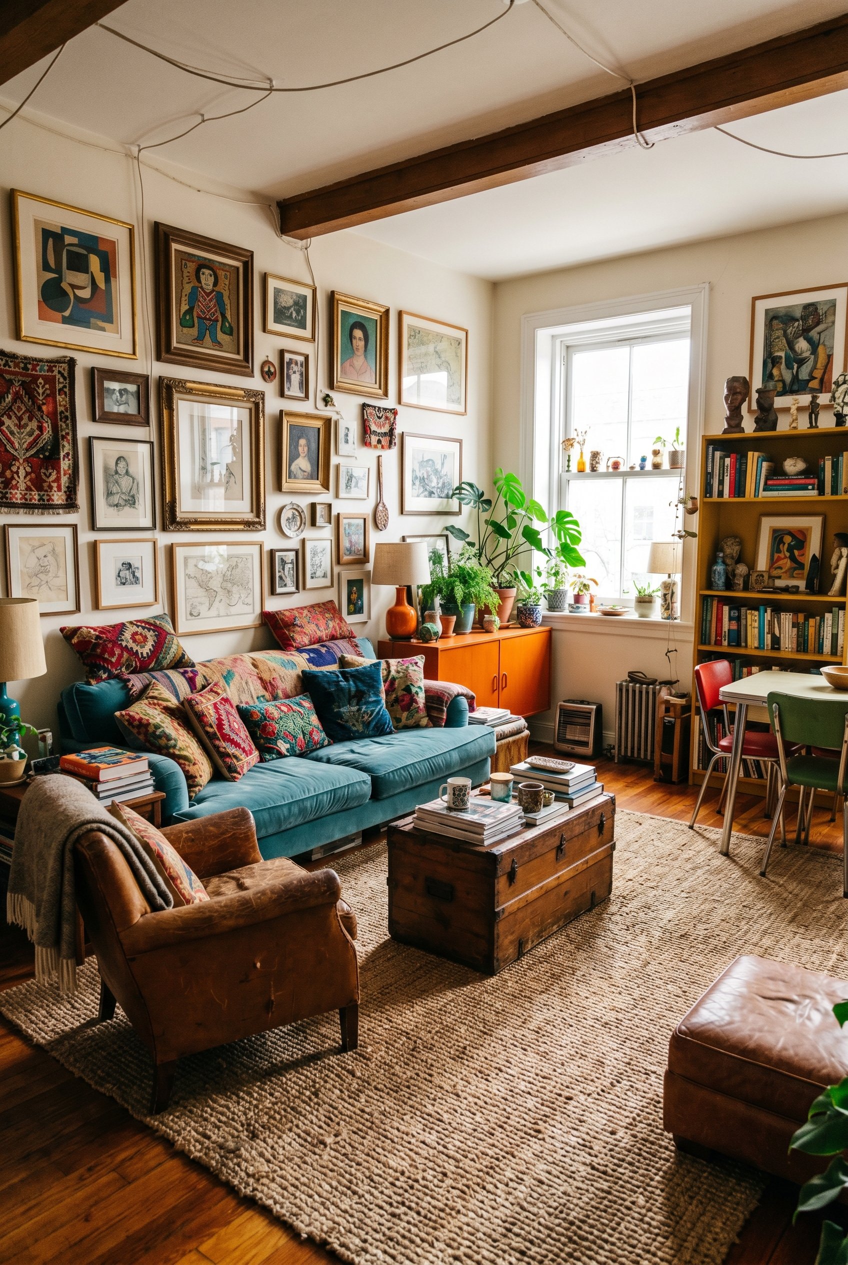 Photorealistic interior photo. A highly eclectic living room with chaotic art and colorful furniture, grounded by a massive, solid thick natural jute rug. Editorial photography style, wide angle, no p