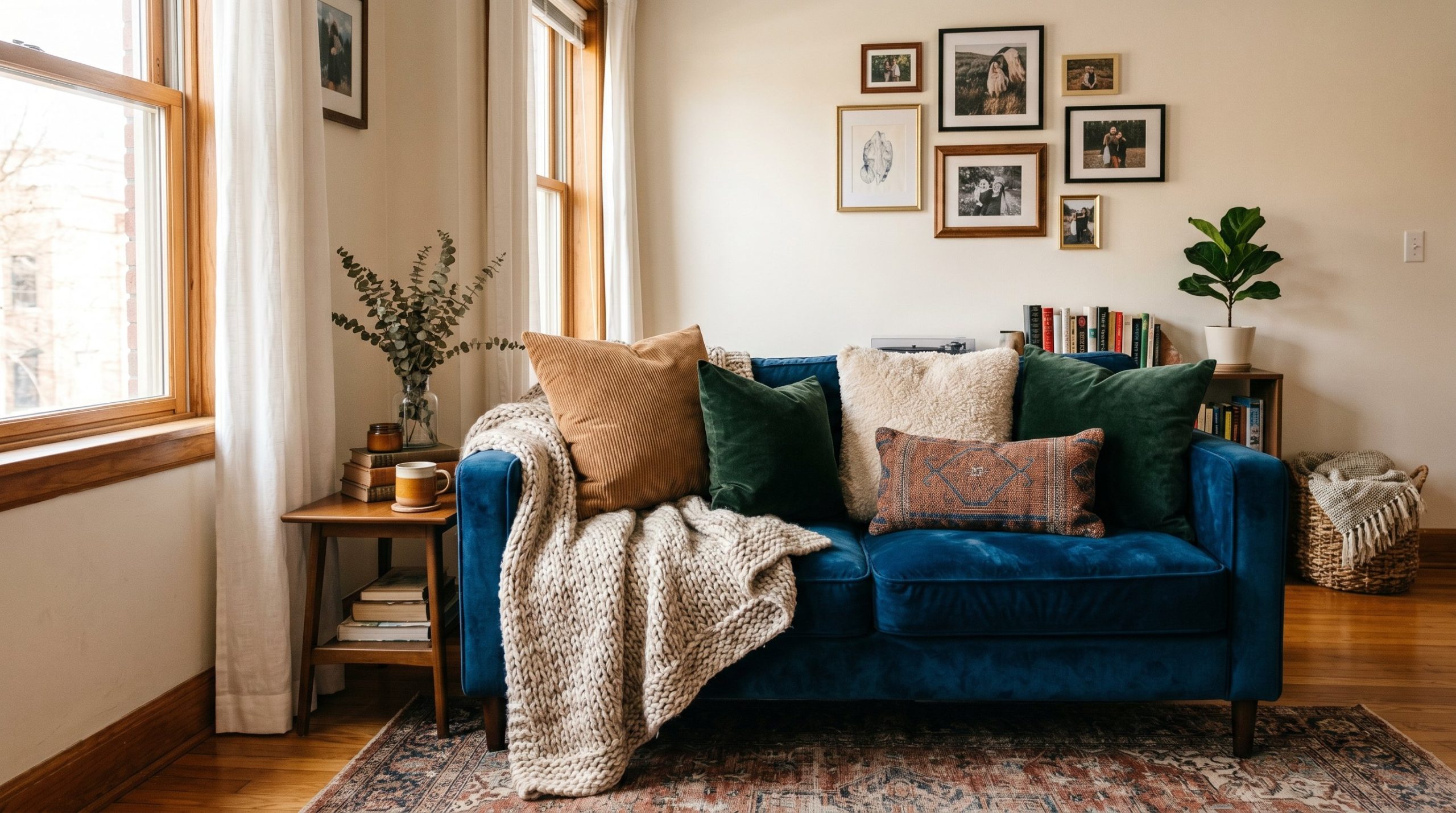 Photorealistic interior photo. A jewel-toned velvet sofa heavily layered with a chunky knit blanket, corduroy pillows, and faux fur cushions. Editorial photography style, warm natural light, no people