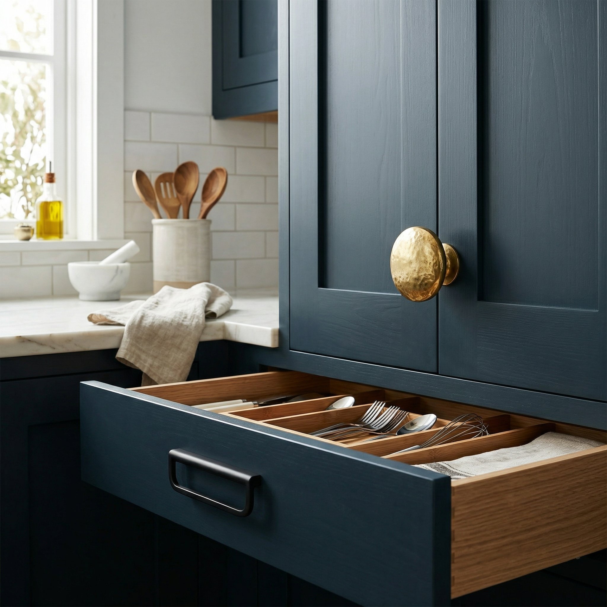 Photorealistic interior photo. A kitchen drawer open slightly, showing an affordable matte black pull alongside an expensive, heavy solid brass accent knob on the door above. Bright daylight, eye-leve