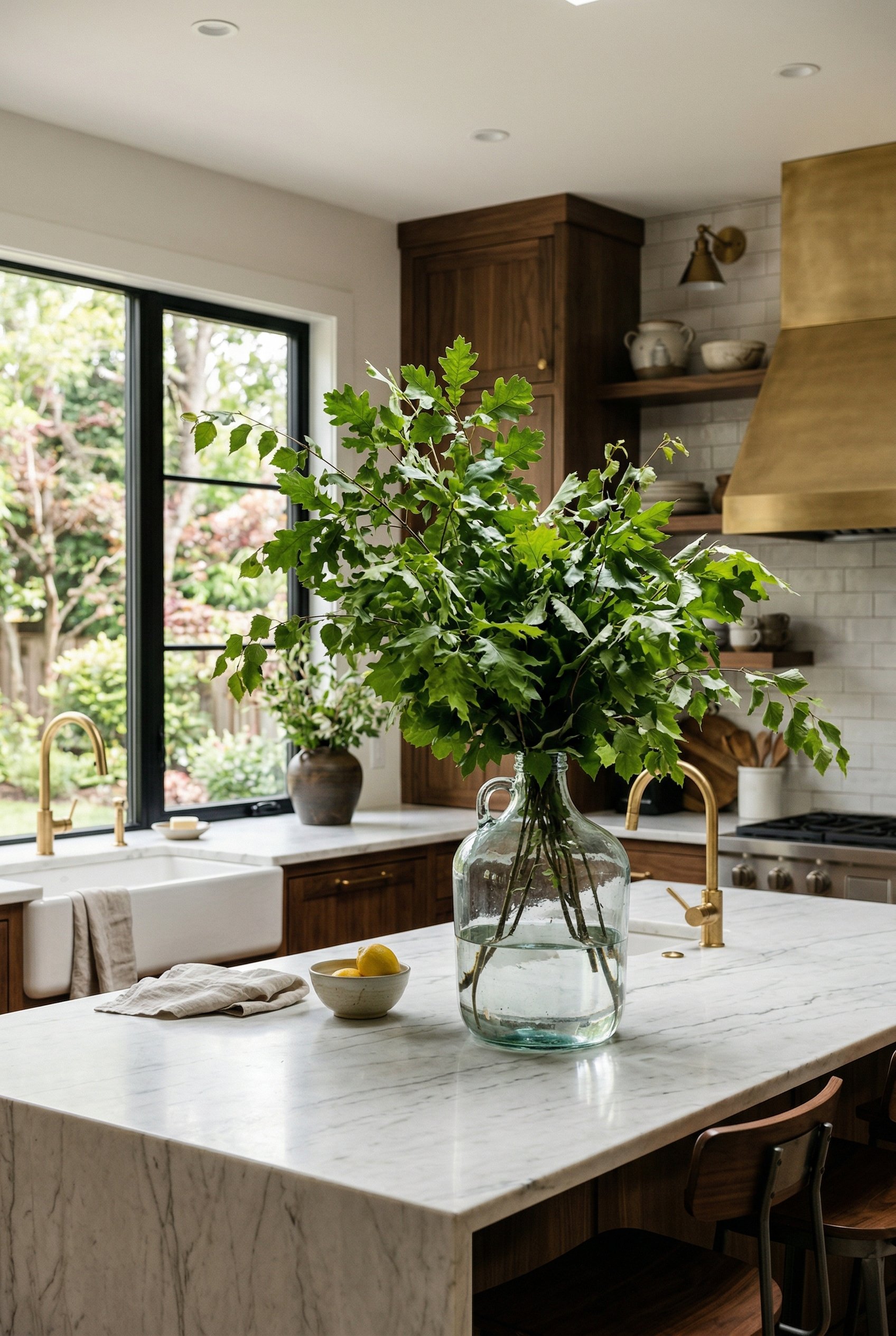 Photorealistic interior photo. A large clear glass jug sitting on a white marble kitchen island, filled with massive, freshly cut green leafy tree branches. Editorial photography style, no people visi