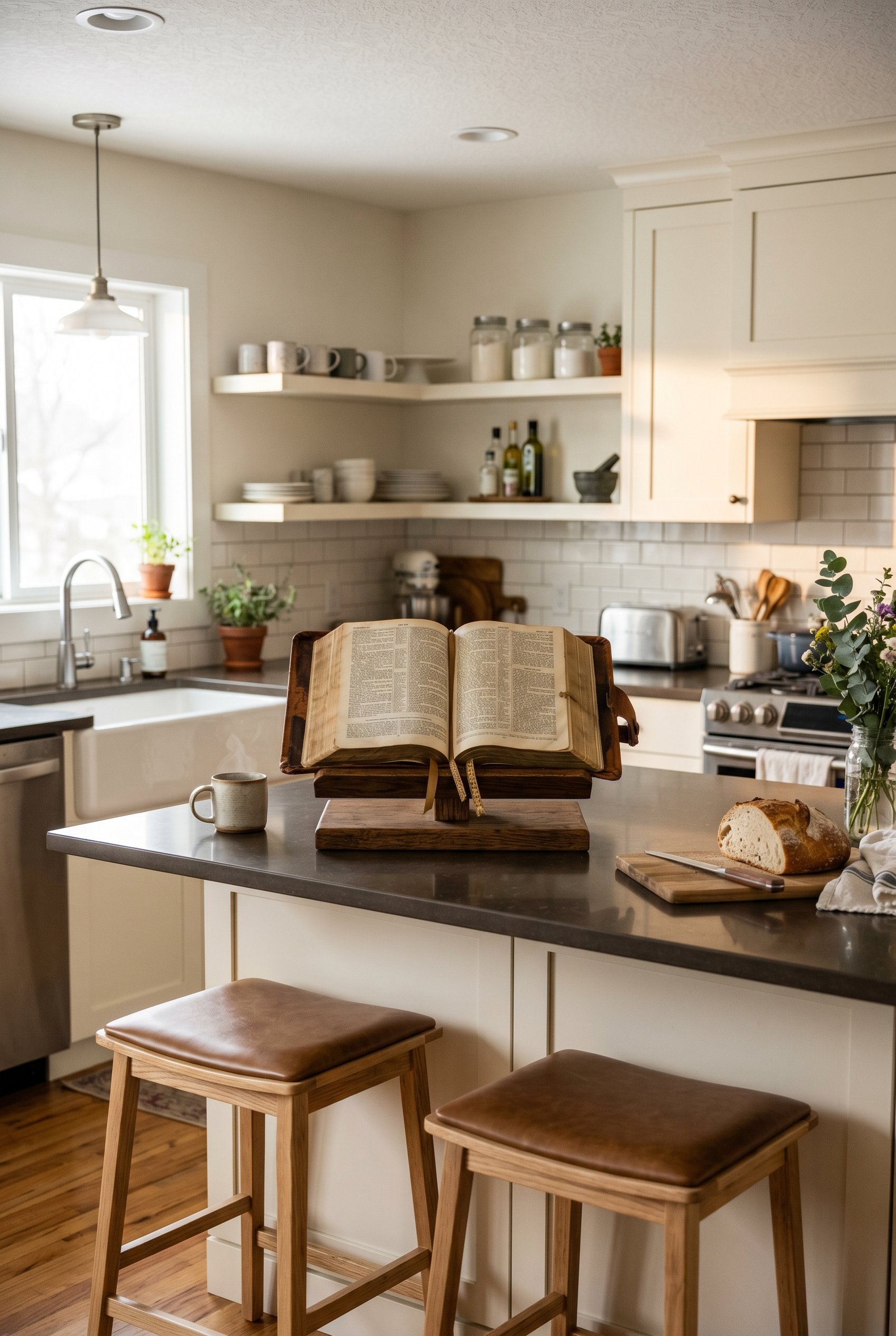 Photorealistic interior photo. A large open leather-bound Bible resting on a solid oak cookbook stand in the center of a modern kitchen island. Soft natural morning light, editorial photography style,