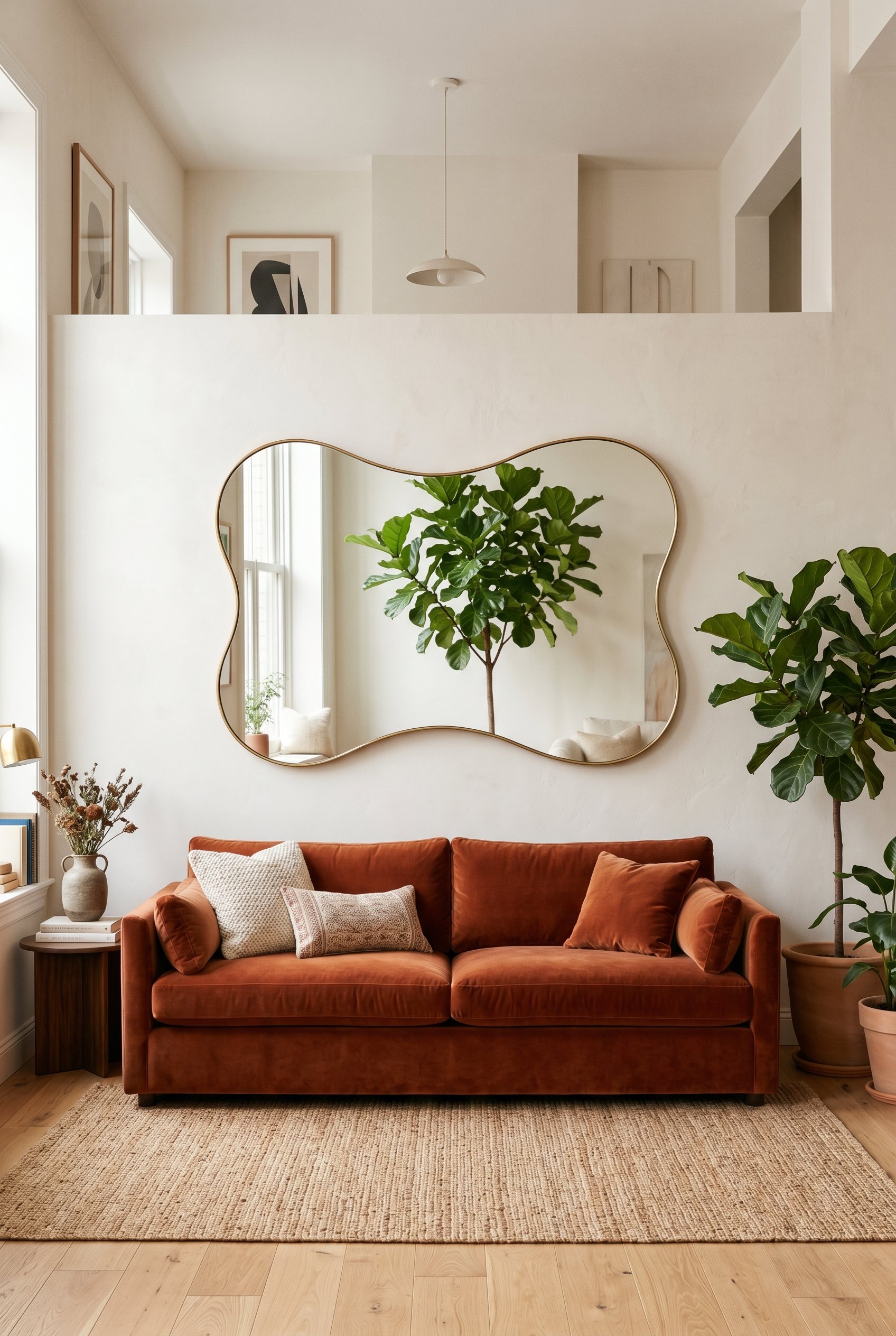 Photorealistic interior photo. A large, wavy, asymmetrical pond mirror with a thin brass frame hanging horizontally above a rust-colored velvet sofa. Bright living room, reflecting a leafy indoor tree
