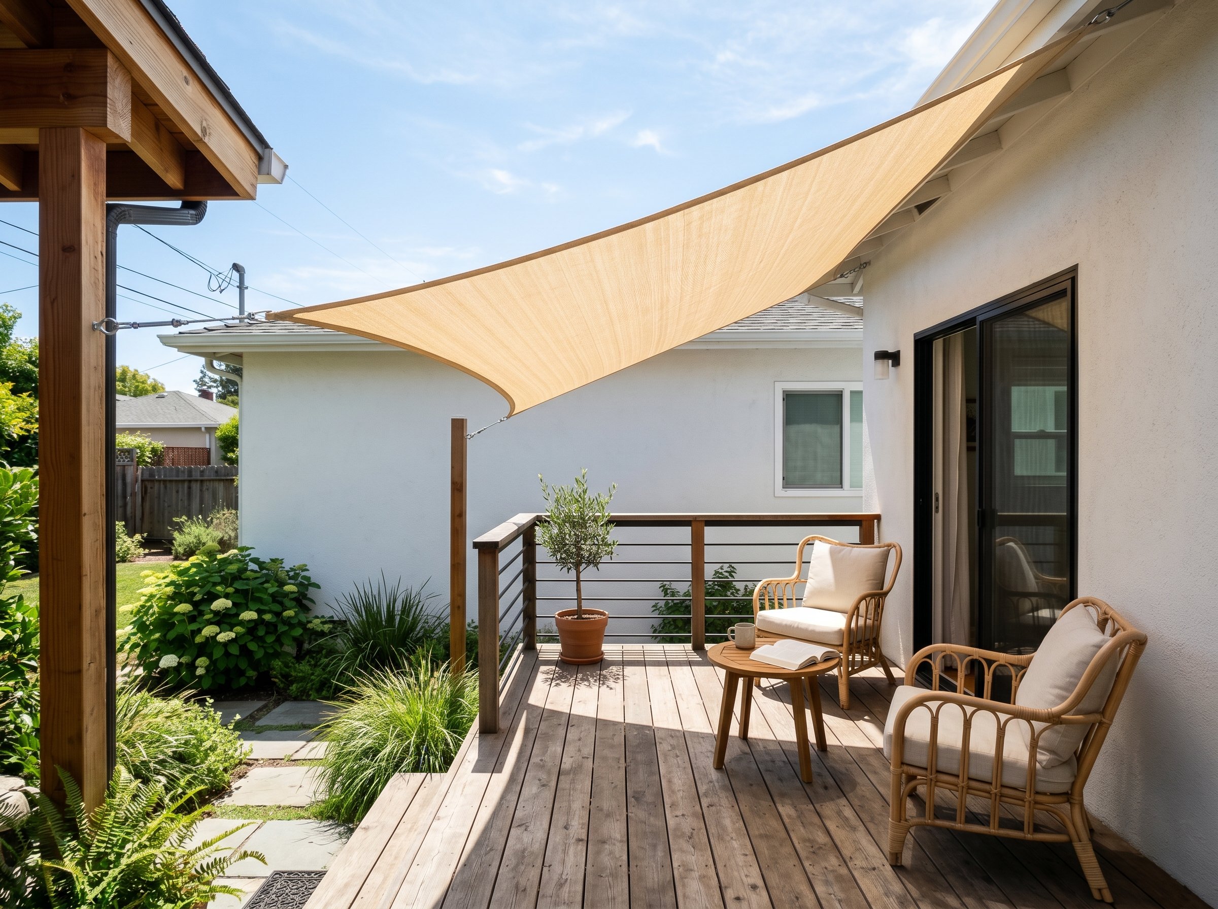 Photorealistic interior photo. A light beige triangular shade sail stretched tight over a small minimalist wooden deck, casting a sharp shadow below. Bright summer afternoon light, looking up slightly