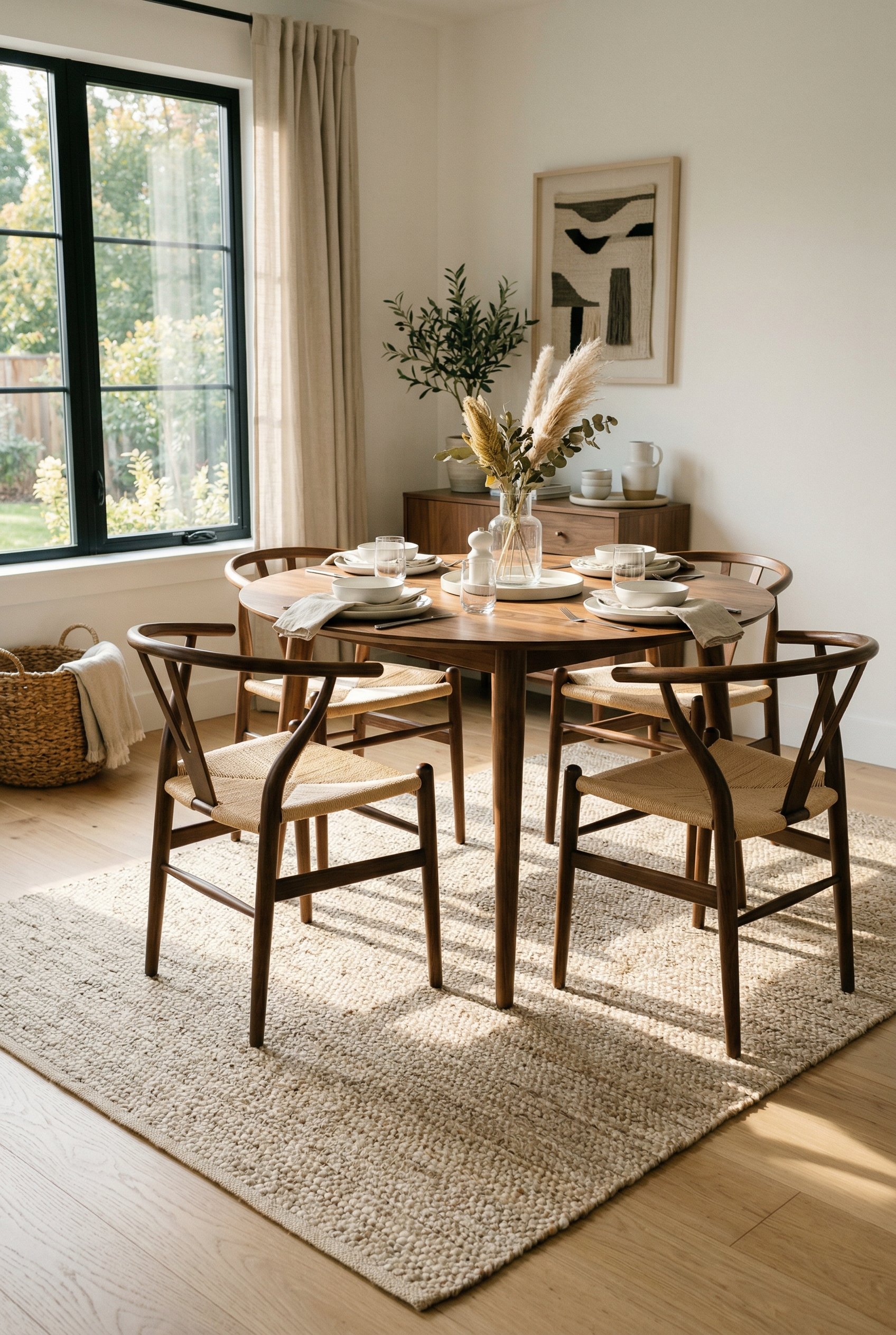 Photorealistic interior photo. A light-colored faux jute washable rug under a modern dining table. Sunlight hitting the texture of the rug. Editorial photography style, no people visible.