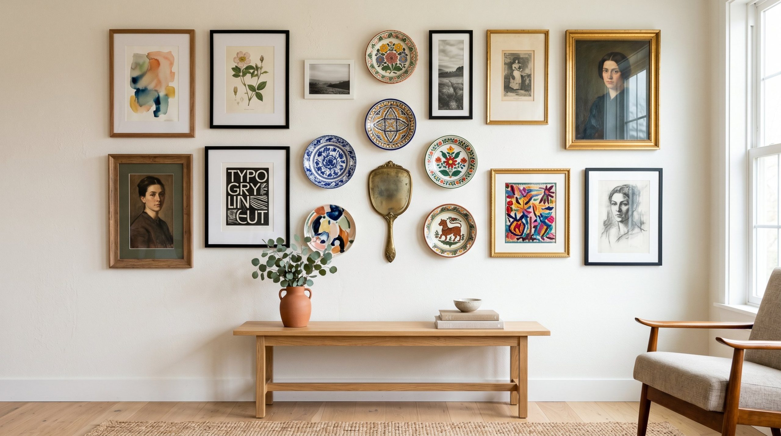 Photorealistic interior photo. A living room gallery wall featuring a mix of framed art, a vintage brass hand mirror, and colorful ceramic plates. Perfect, even negative space between objects. Crisp d