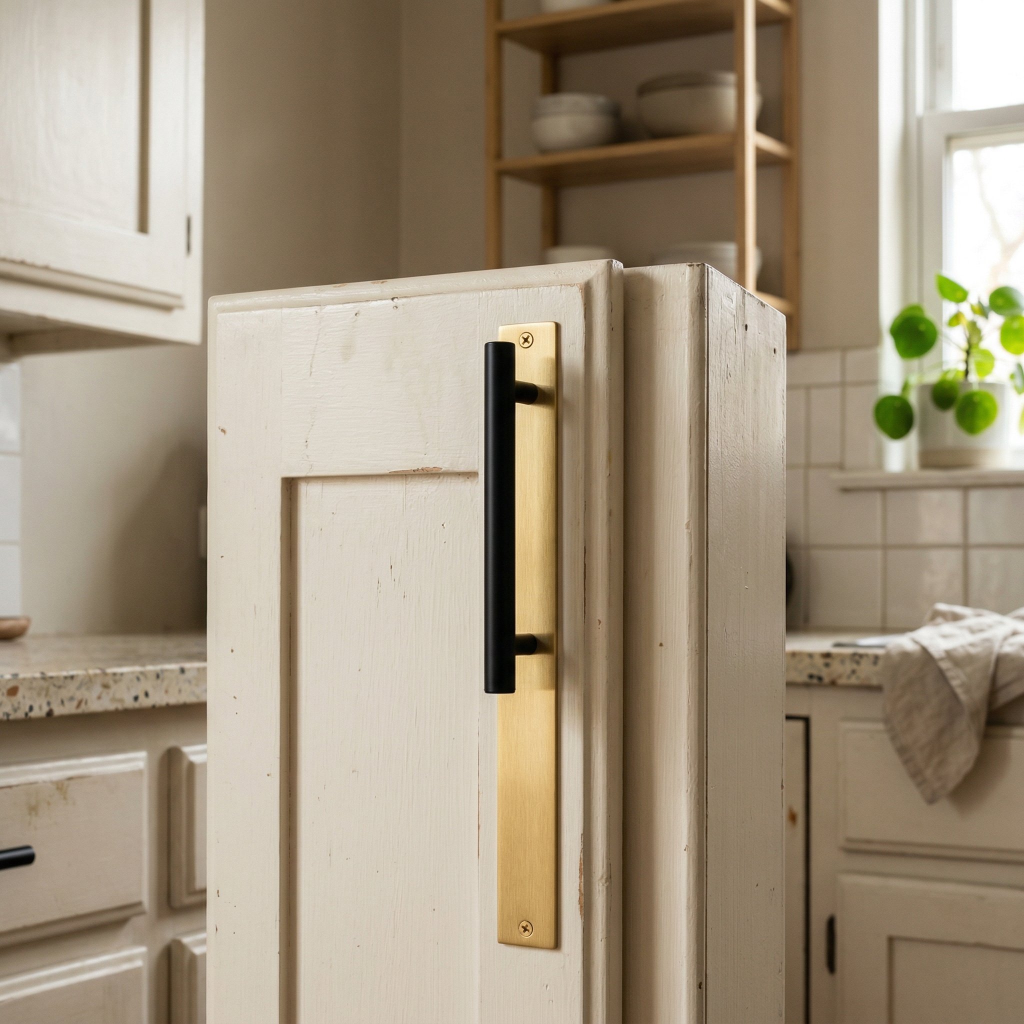 Photorealistic interior photo. A long brushed gold backplate mounted underneath a matte black cabinet pull on a painted rental kitchen cabinet door. Natural light, straight-on angle. Editorial photogr