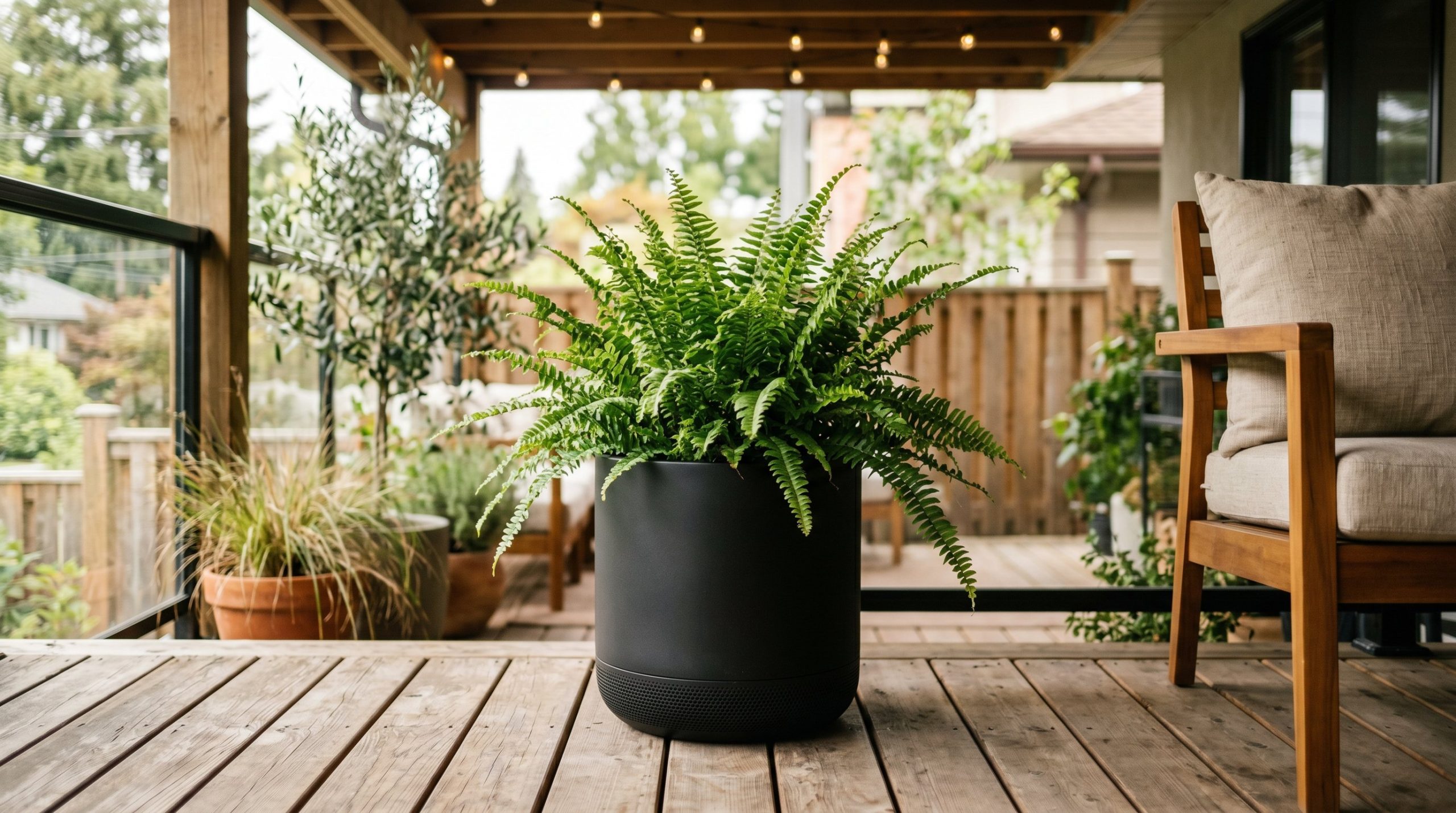 Photorealistic interior photo. A matte black outdoor planter that discreetly features speaker grilles on the base, holding a vibrant green fern on a teak deck. Soft ambient lighting, eye-level camera 