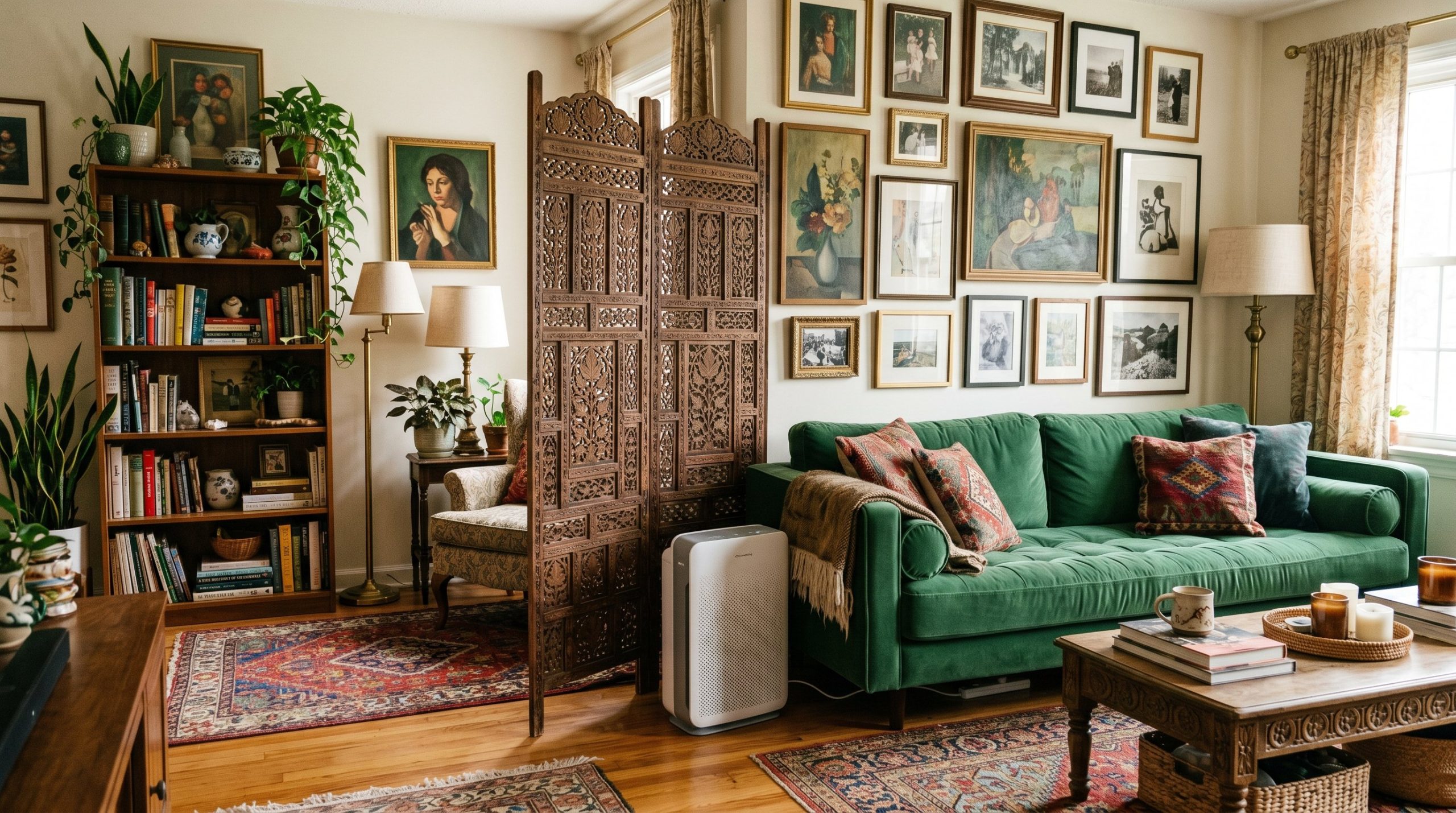 Photorealistic interior photo. A maximalist living room with a sleek, modern air purifier discreetly tucked behind a carved wooden decorative floor screen. Editorial photography style, soft ambient li