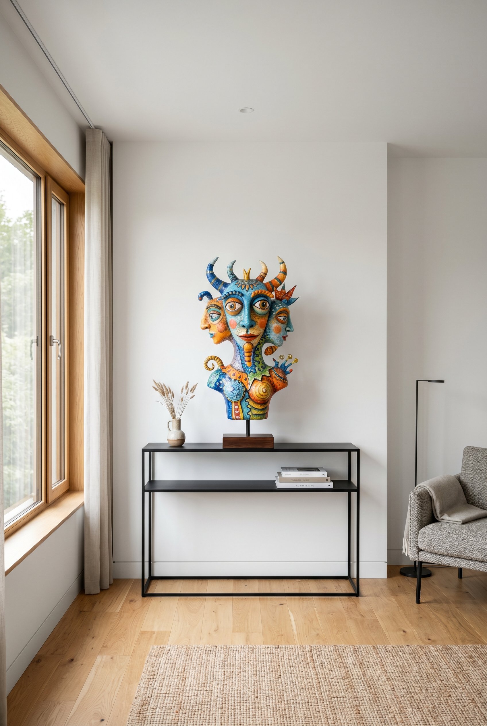 Photorealistic interior photo. A minimalist living room with a sleek black metal console table. Sitting exactly in the center is a giant, bizarre, whimsical papier-mâché bust sculpture. Clean white wa
