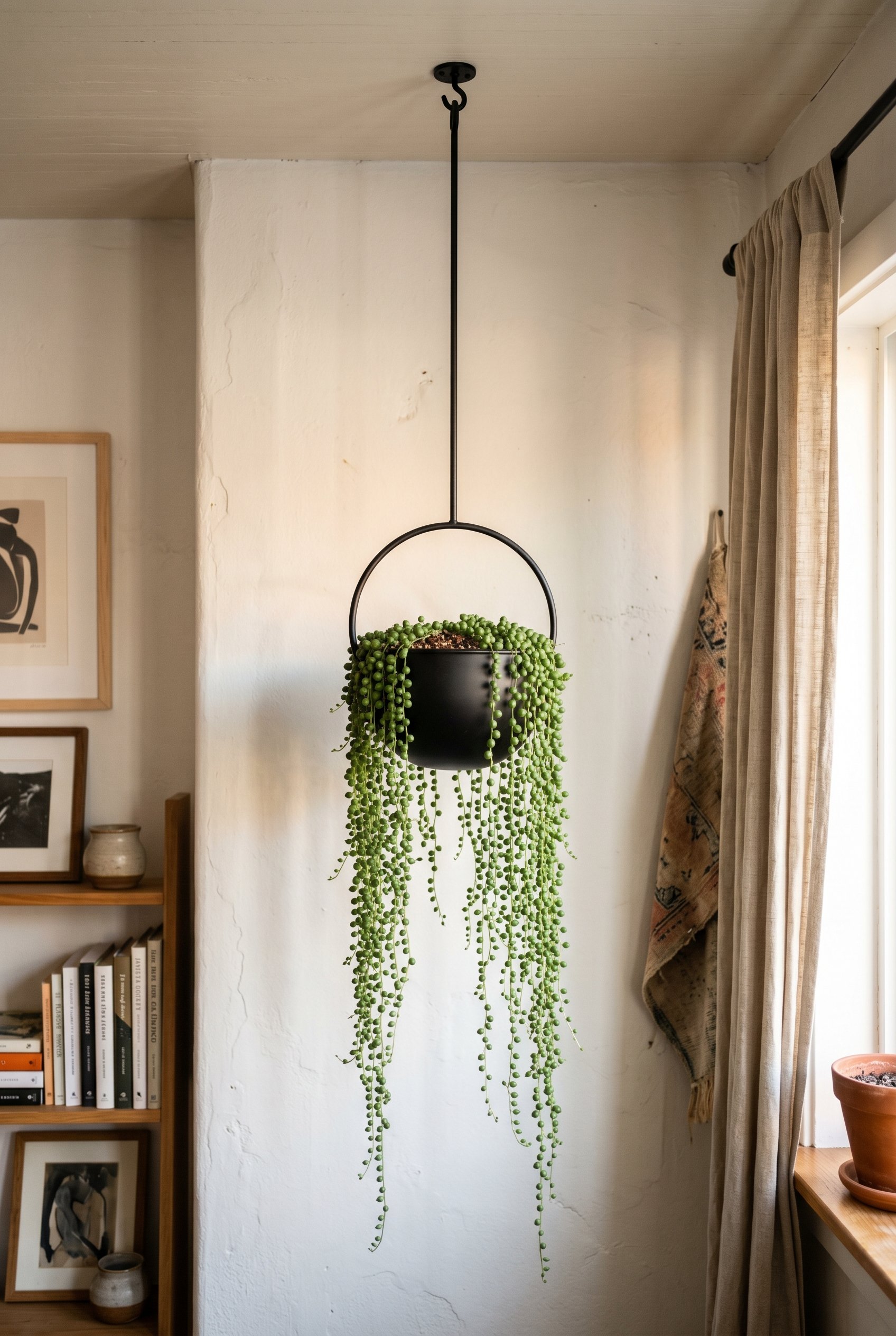 Photorealistic interior photo. A minimalist matte black metal hanging planter suspended from the ceiling by a rigid black rod. A lush String of Pearls plant trails down. White wall background. Editori
