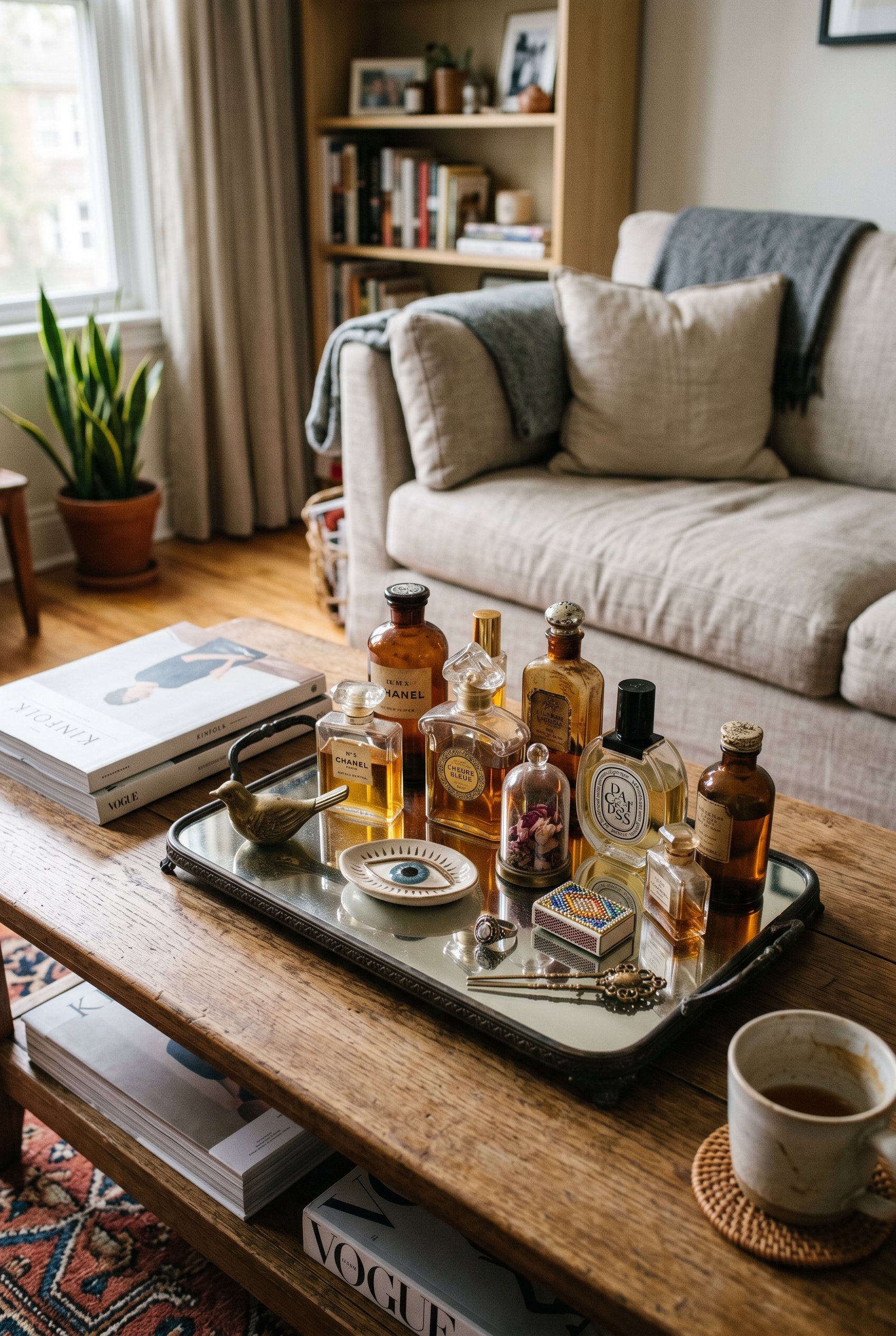 Photorealistic interior photo. A mirrored vanity tray sitting on a coffee table, corraling a collection of vintage perfume bottles and small quirky trinkets. Editorial photography style, shallow depth