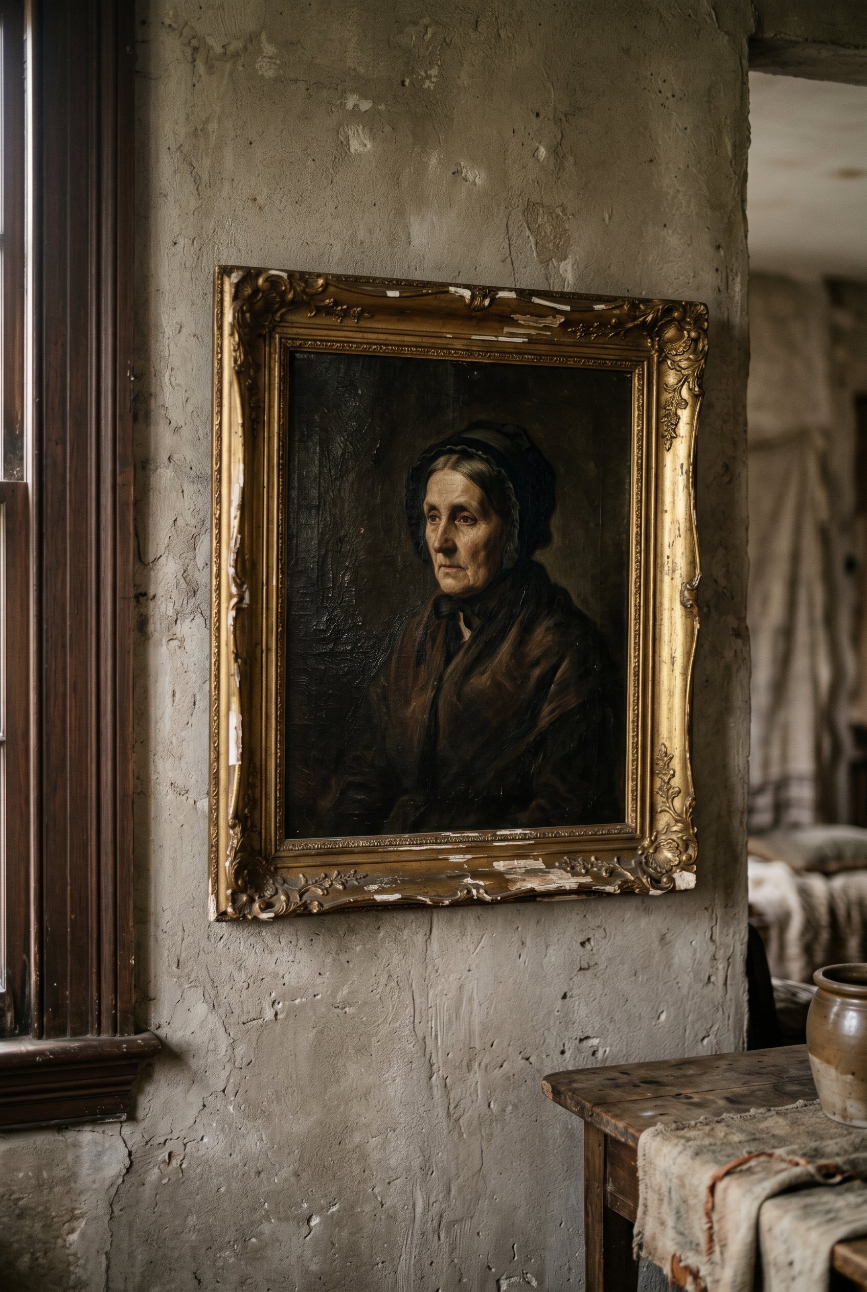 Photorealistic interior photo. A moody vintage oil painting portrait in a chipped, ornate gold thrifted frame, hanging on a plaster wall, soft side lighting. Editorial photography style, no people vis