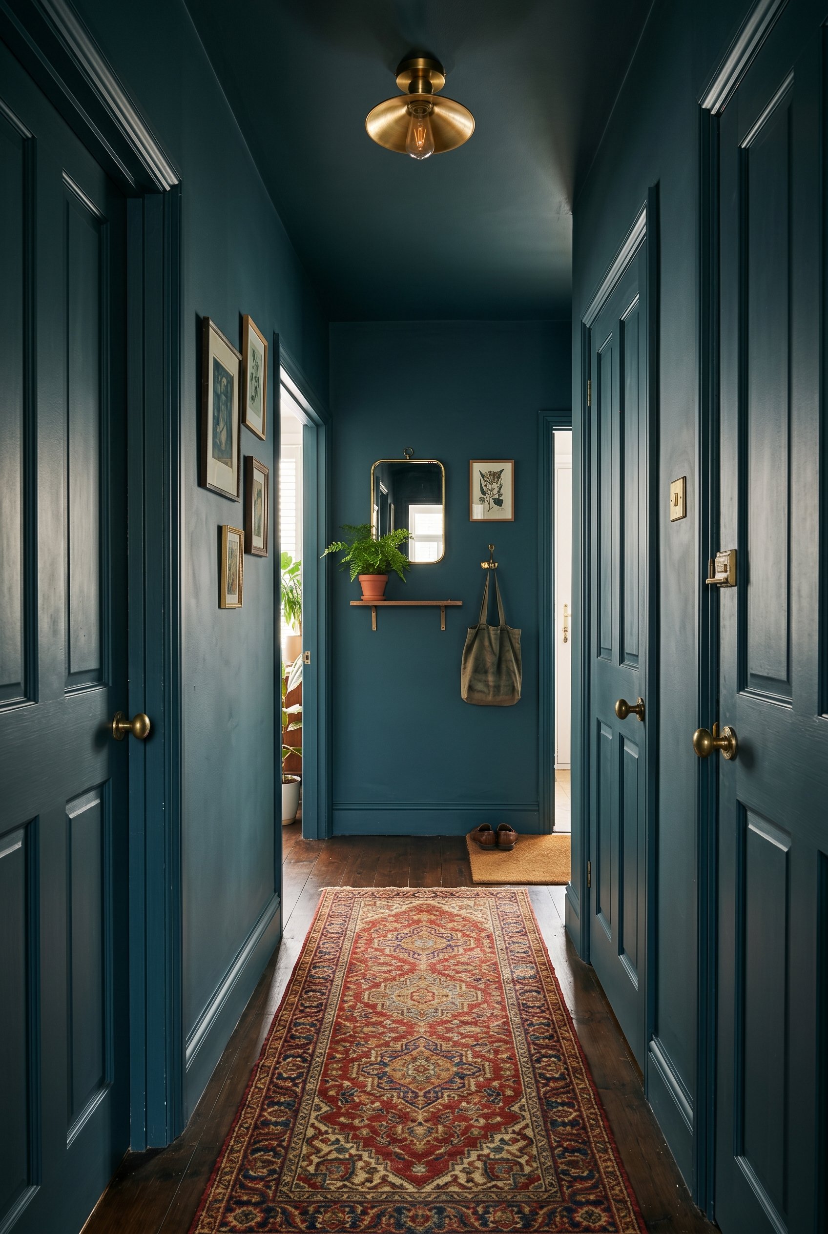 Photorealistic interior photo. A narrow hallway completely color-drenched in a moody, dark blue-green paint covering walls, baseboards, doors, and ceiling. Vintage runner rug on the floor. Editorial p