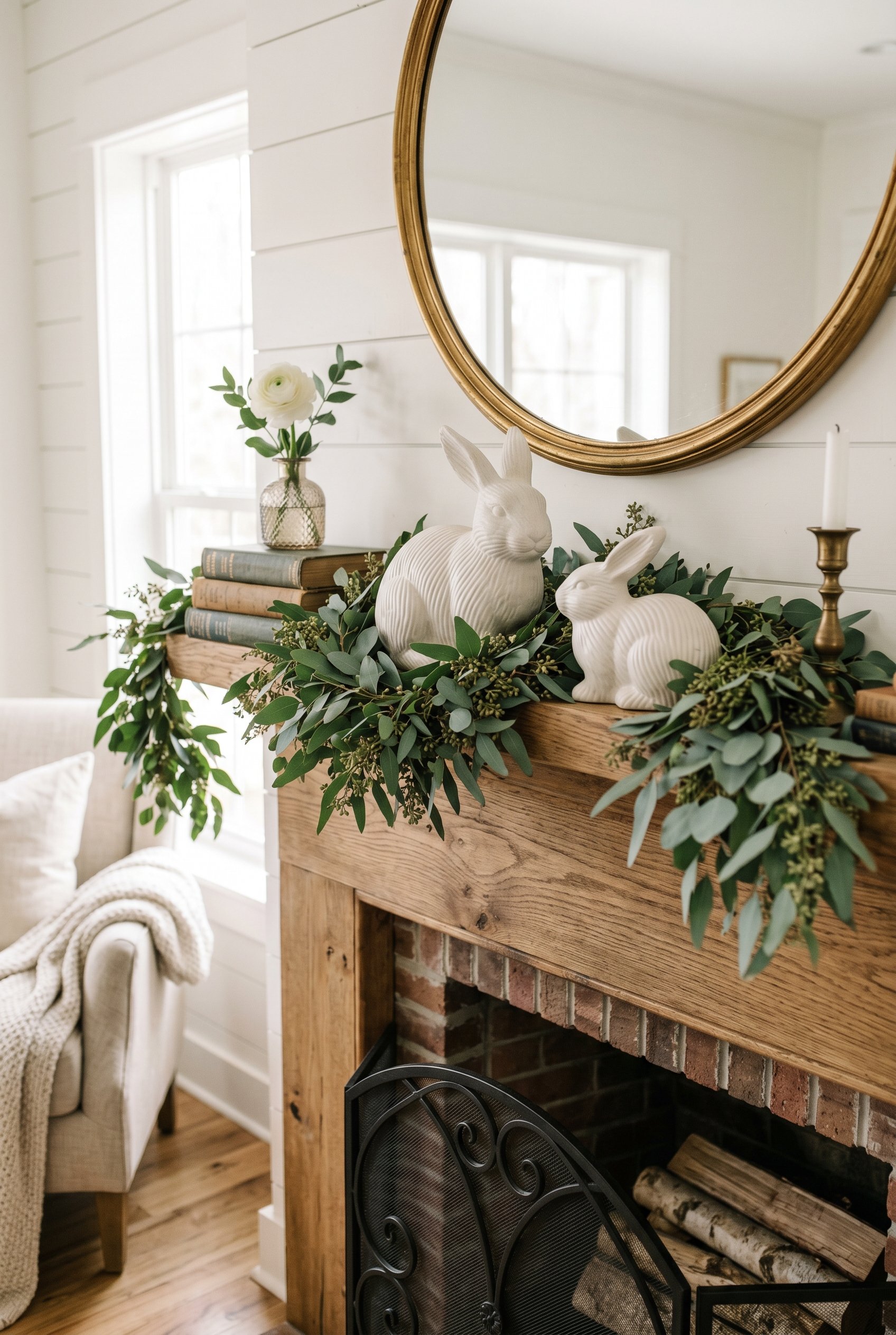 Photorealistic interior photo. A pair of heavy, ribbed white ceramic decorative bunnies tucked subtly into a green seeded eucalyptus garland on a mantel. Bright, airy, cheerful lighting. Editorial pho