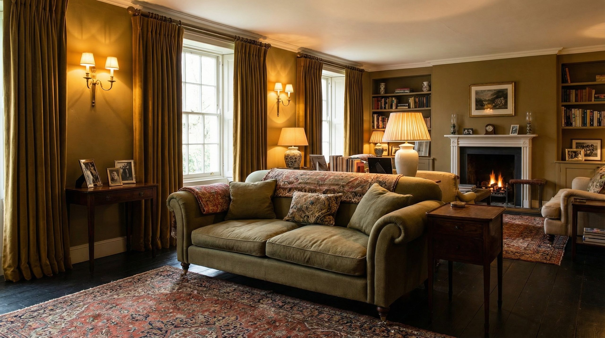 Photorealistic interior photo. A perfectly balanced, cozy traditional living room that feels lived-in. An olive green English roll arm sofa, flanked by mismatched dark wood side tables and glowing bra