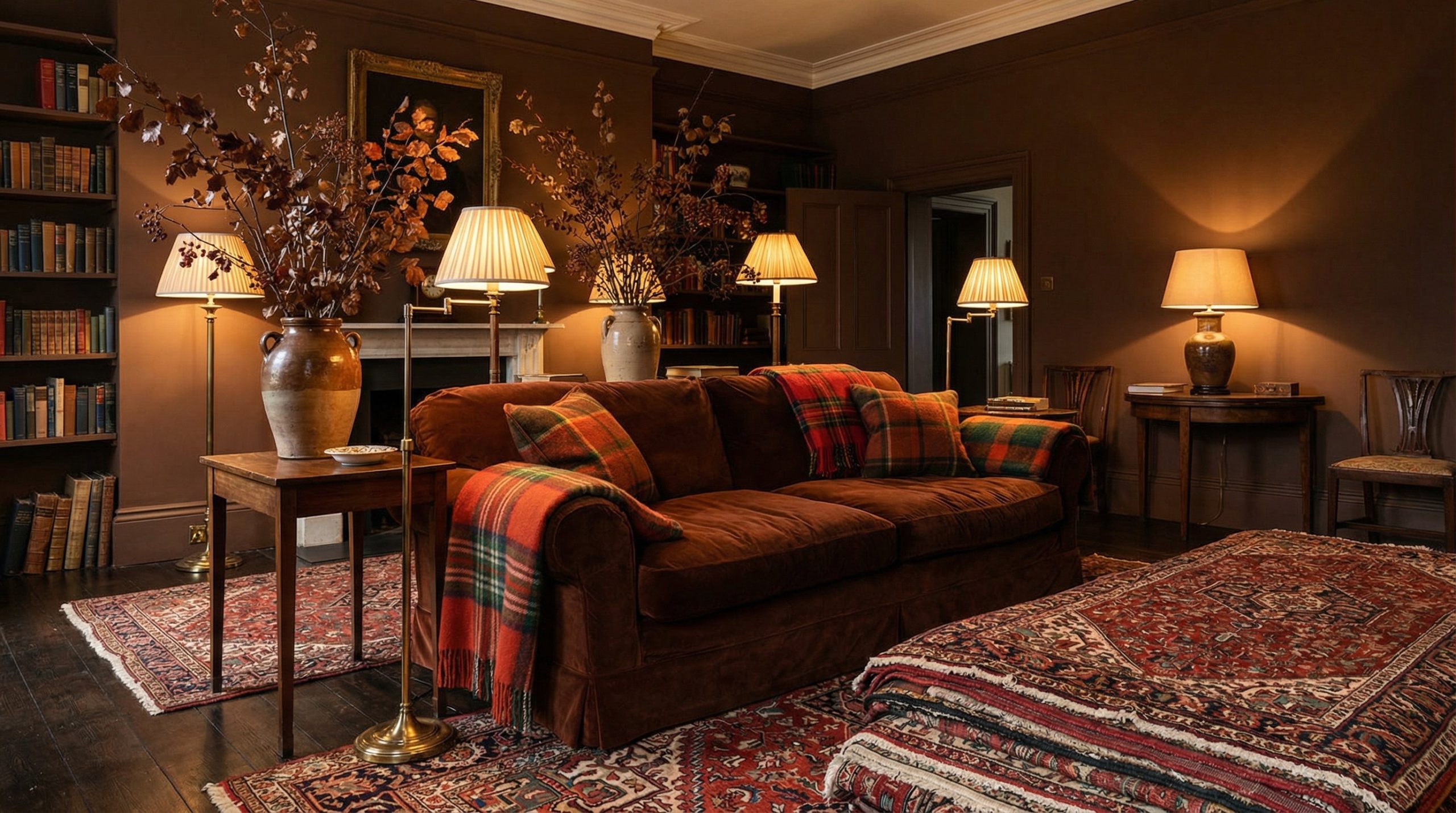 Photorealistic interior photo. A profoundly cozy living room with deep chocolate brown walls, an oversized rust velvet sofa floating in the center, and heavily layered vintage rugs. Lit exclusively by