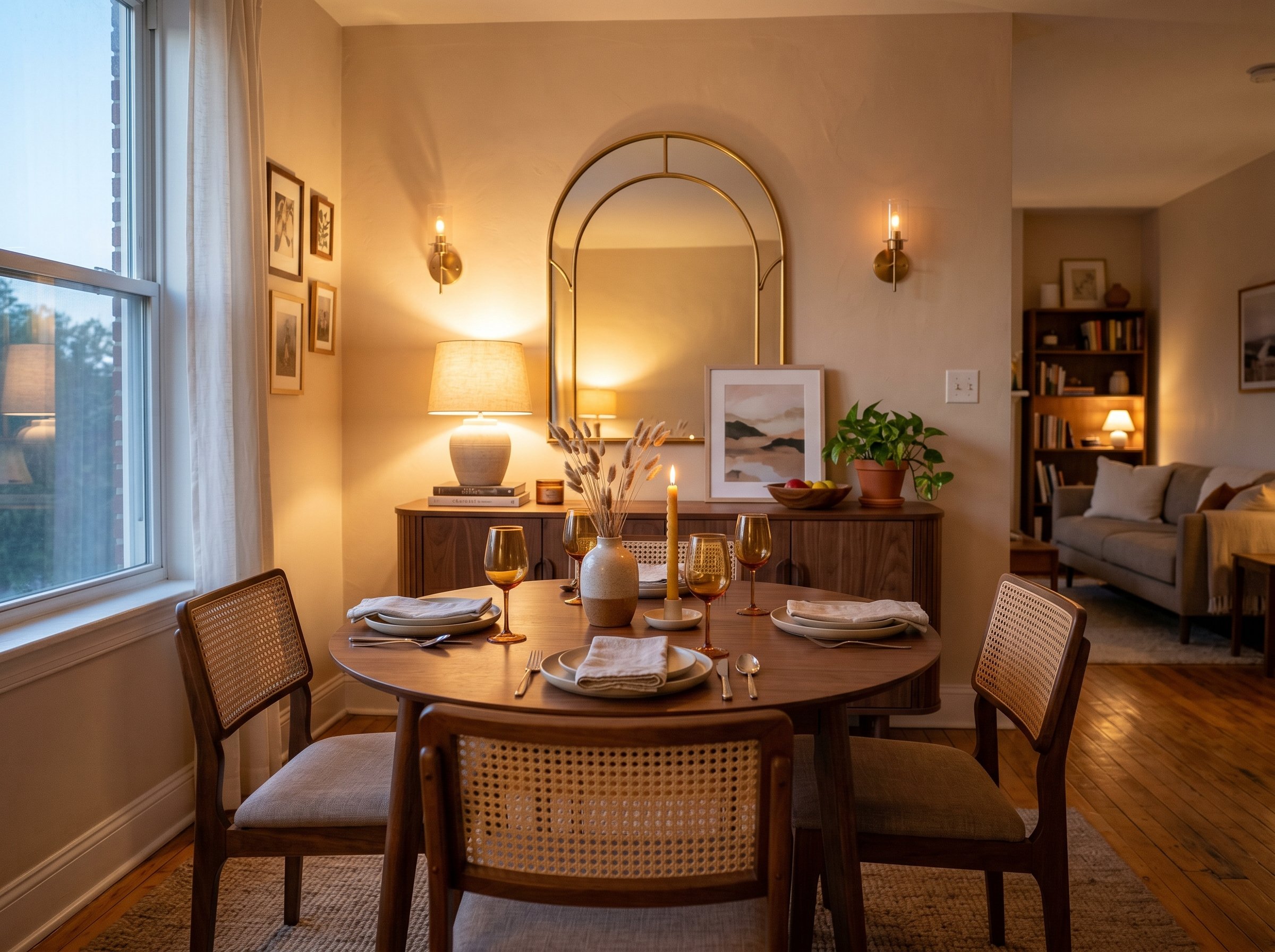 Photorealistic interior photo. A round dining table in the foreground with a curved-edge walnut credenza and large arched brass mirror on the wall behind it, warm evening lighting. Editorial photograp