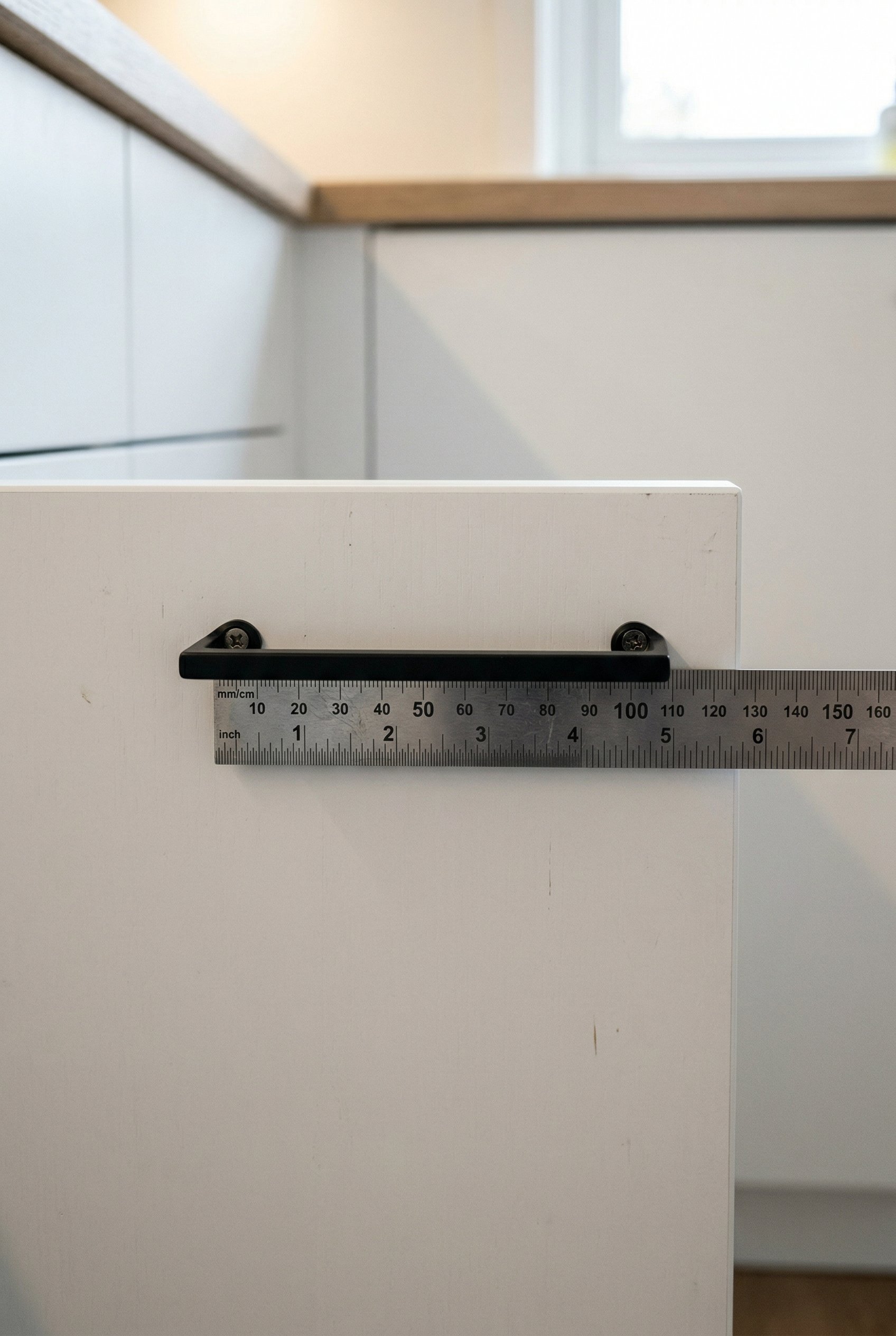 Photorealistic interior photo. A ruler measuring the center-to-center hole spacing of a sleek modern black pull mounted on a minimalist cabinet. Task lighting, top-down angle. Editorial photography st