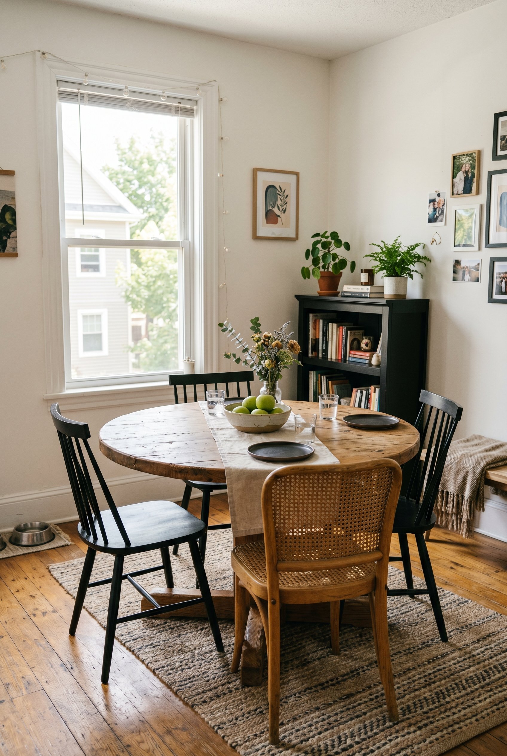 Photorealistic interior photo. A rustic round pine table surrounded by modern matte black metal chairs and one cane-back chair, eclectic mix of materials, bright daylight. Editorial photography style,