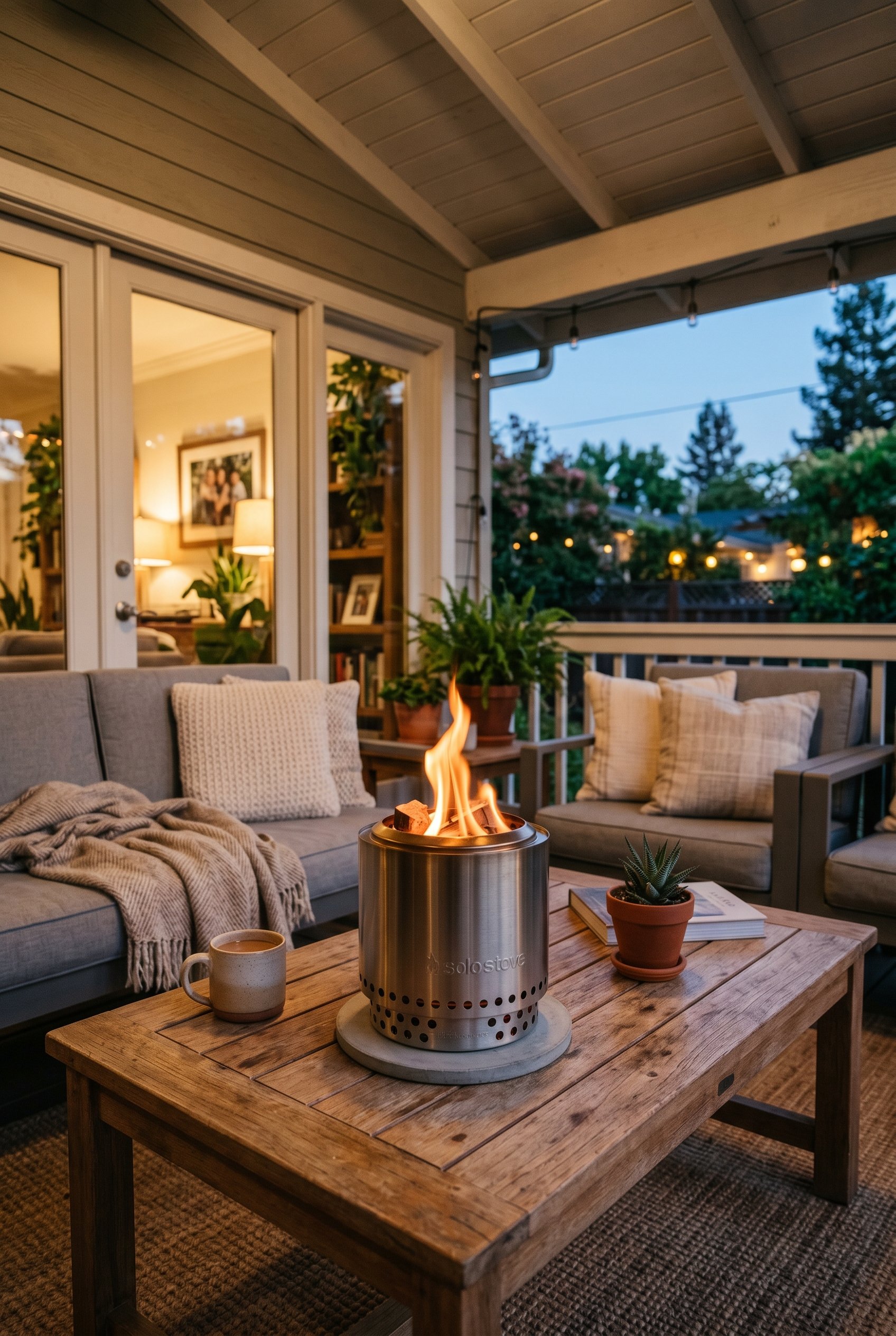 Photorealistic interior photo. A sleek stainless steel Solo Stove Mesa tabletop fire pit actively burning with a small smokeless flame on a wooden outdoor coffee table. Dusk lighting. Editorial photog