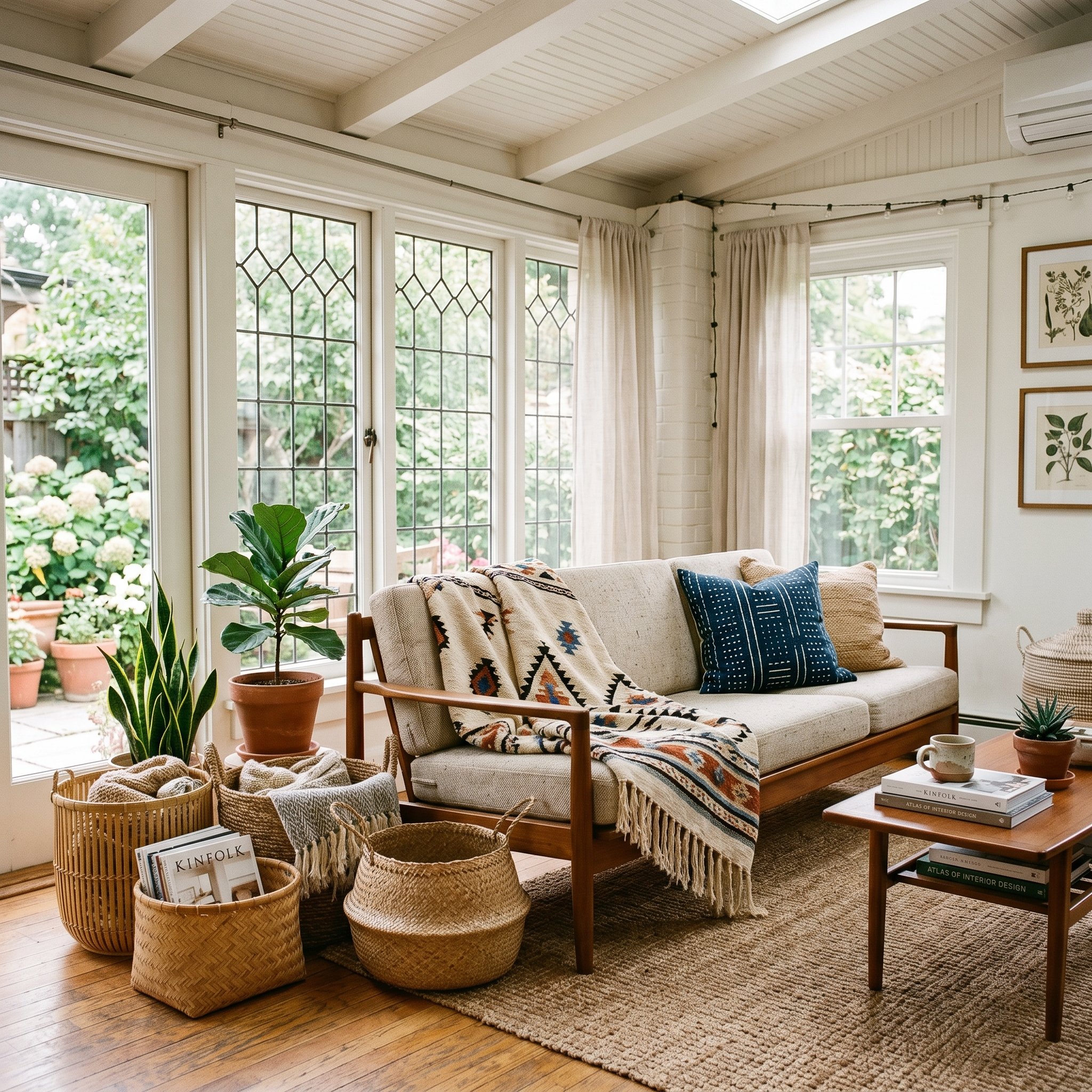 Photorealistic interior photo. A sleek teak mid-century modern sofa paired with a fringed Moroccan throw blanket in a sun-drenched sunroom, surrounded by woven baskets. Editorial photography style, no