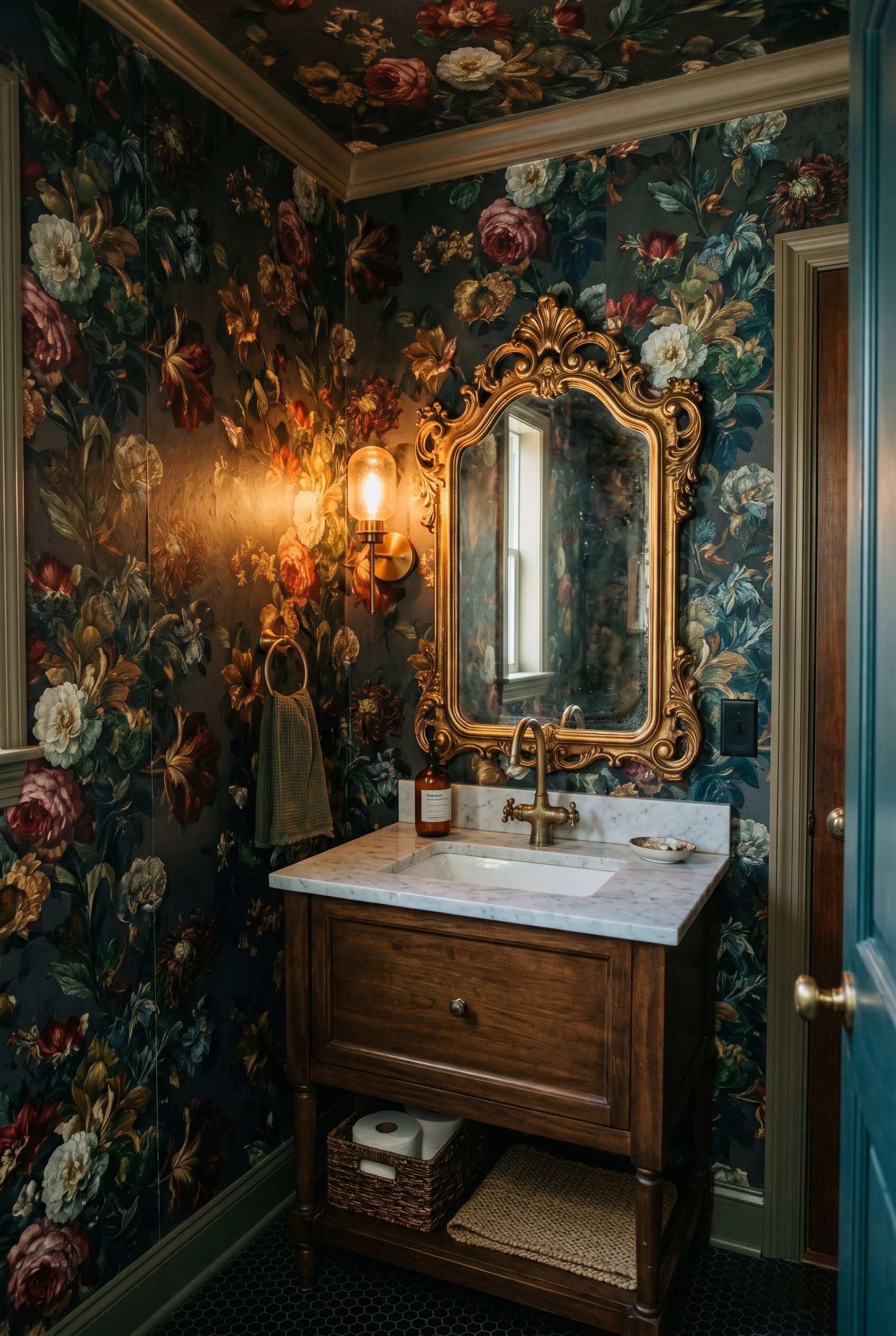 Photorealistic interior photo. A small powder room covered floor-to-ceiling in chaotic, oversized dark floral botanical wallpaper with an ornate gold mirror over the sink. Editorial photography style,