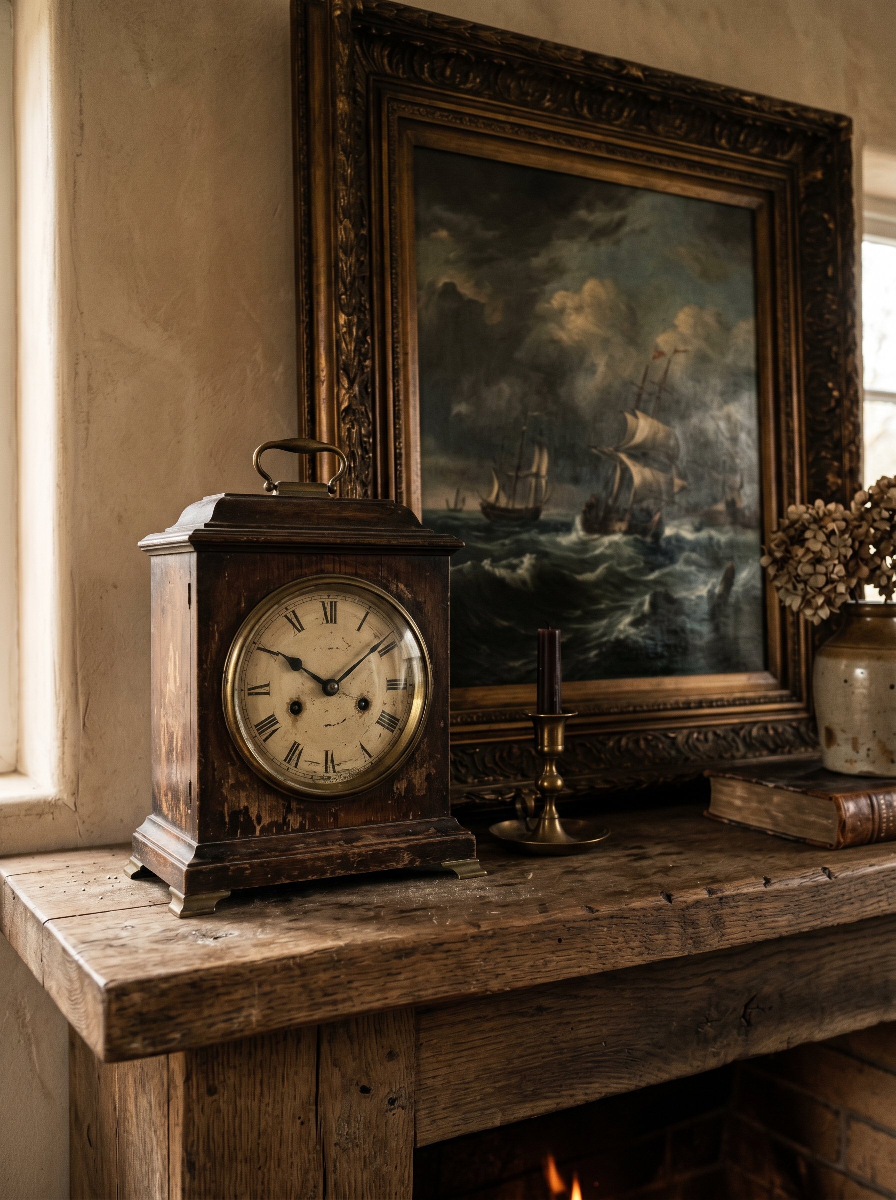 Photorealistic interior photo. A small, tarnished antique wooden desk clock with a weathered face, leaning in front of a larger framed oil painting on a living room mantel. Moody, sophisticated lighti