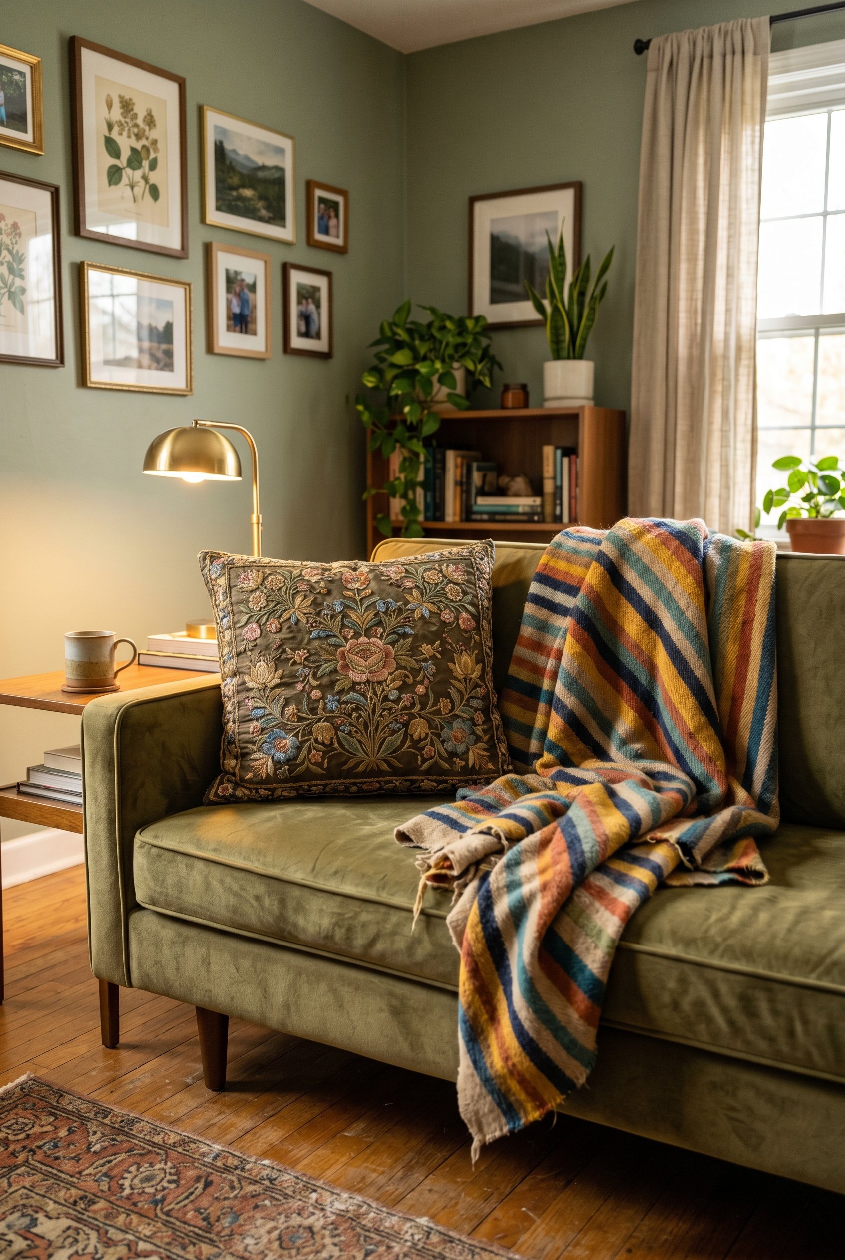 Photorealistic interior photo. A sofa featuring a highly detailed, expensive-looking embroidered floral pillow sitting next to a casually draped, clashing striped thrifted blanket. Editorial photograp