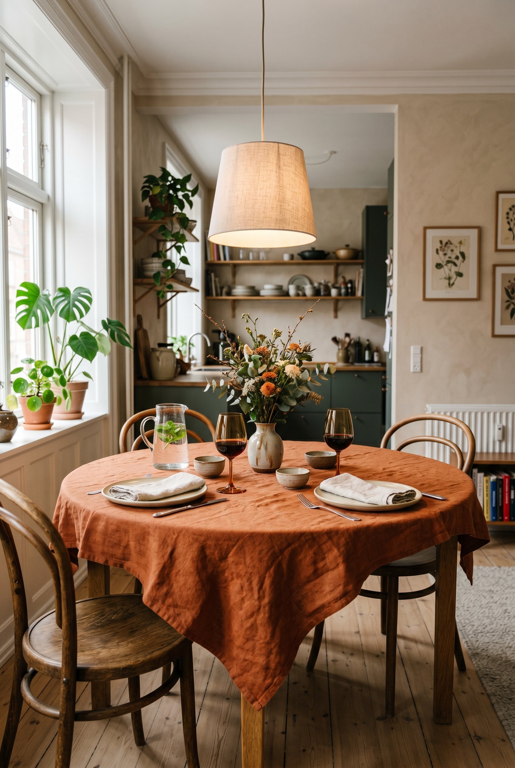 Photorealistic interior photo. A square rust-colored linen cloth thrown on a diagonal over a round dining table, exposing wood edges, set for dinner, cinematic lighting. Editorial photography style, n