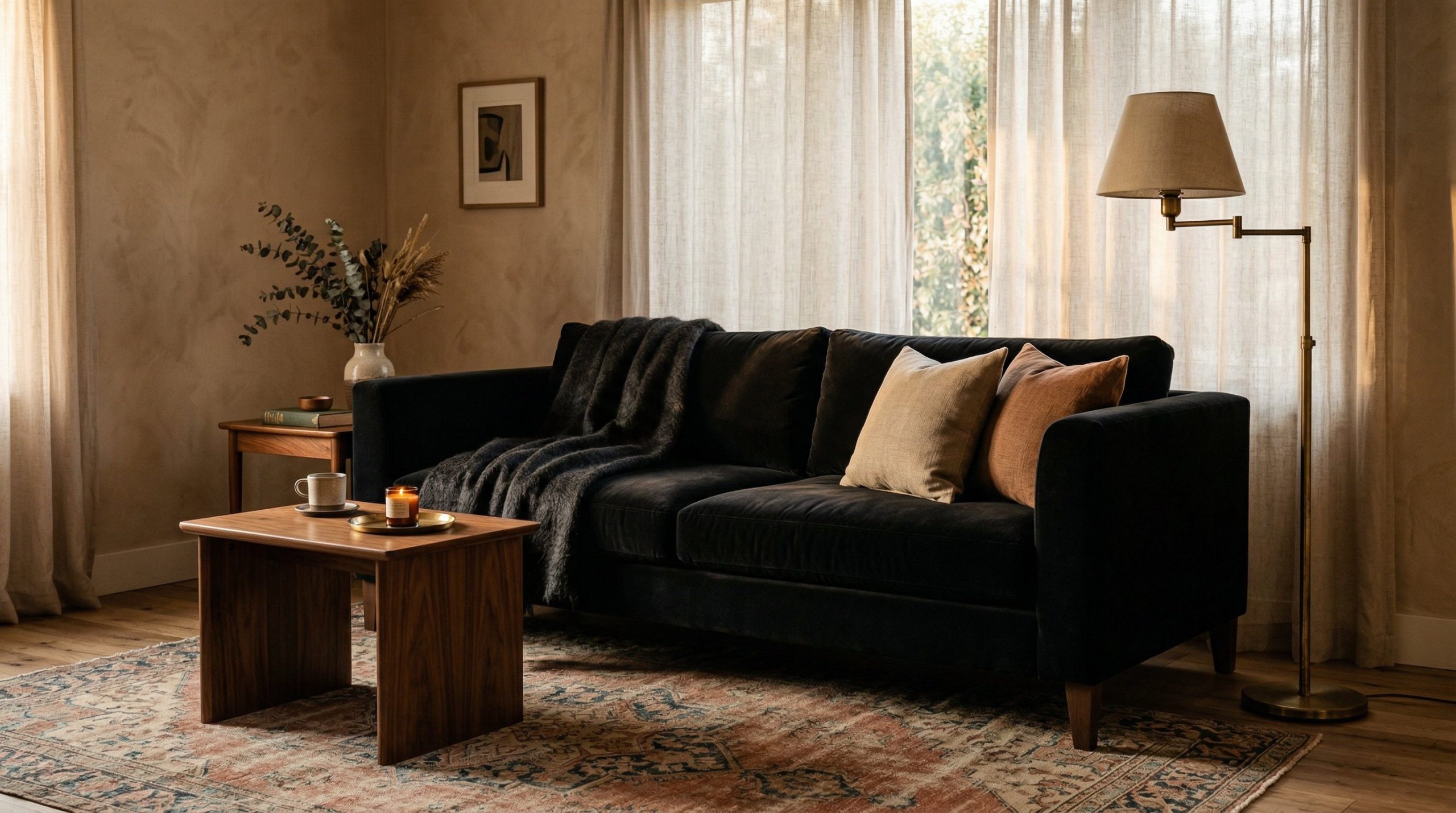 Photorealistic interior photo. A stunning black velvet sofa sitting on a warm, faded vintage Oushak rug, flanked by a mid-century walnut side table and an unlacquered brass floor lamp. Warm 2700K sunl