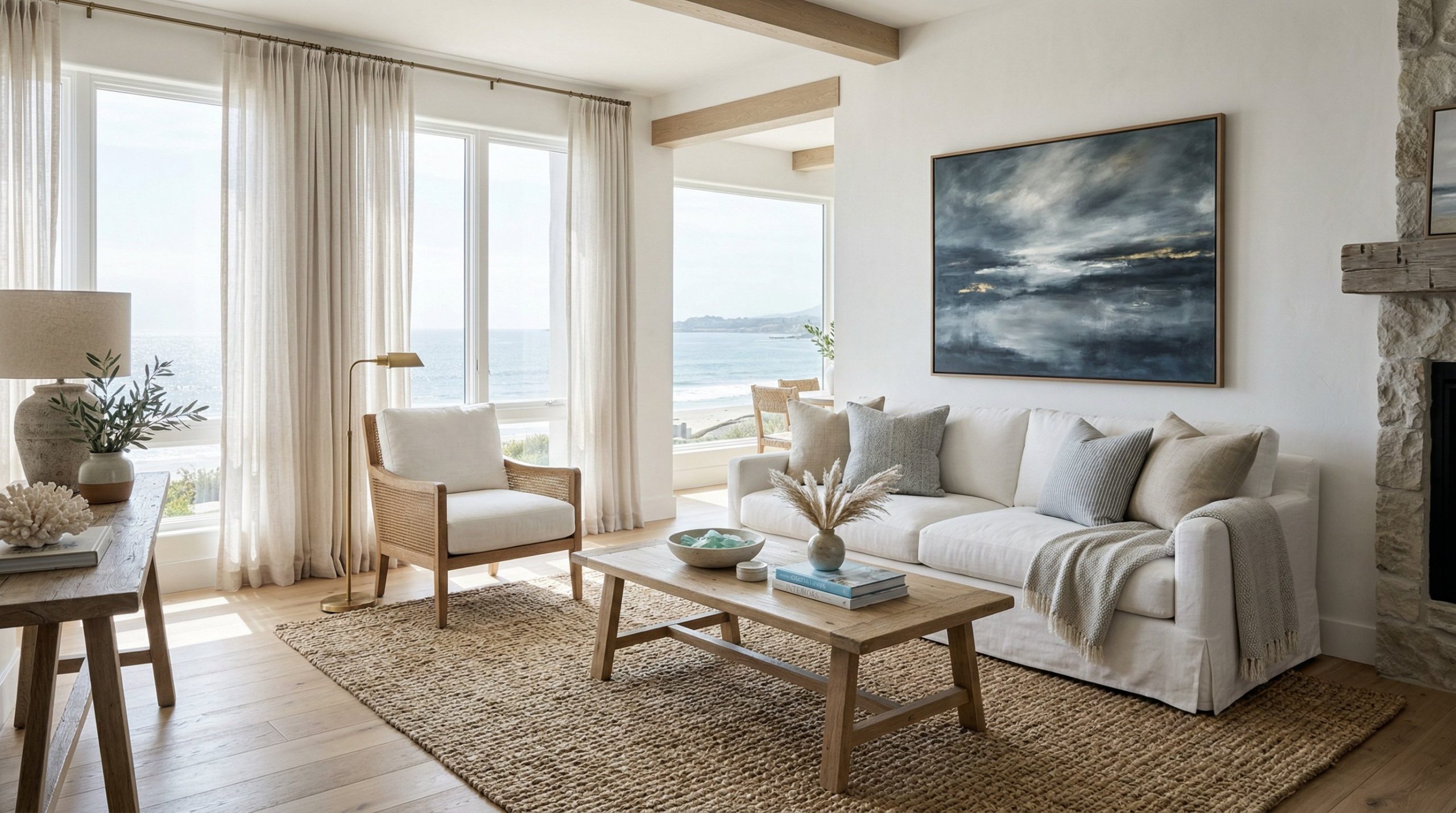 Photorealistic interior photo. A stunning coastal living room, white slipcovered linen sofa, oversized chunky jute rug, light oak coffee table, sheer linen curtains filtering bright sunlight. Subtle g