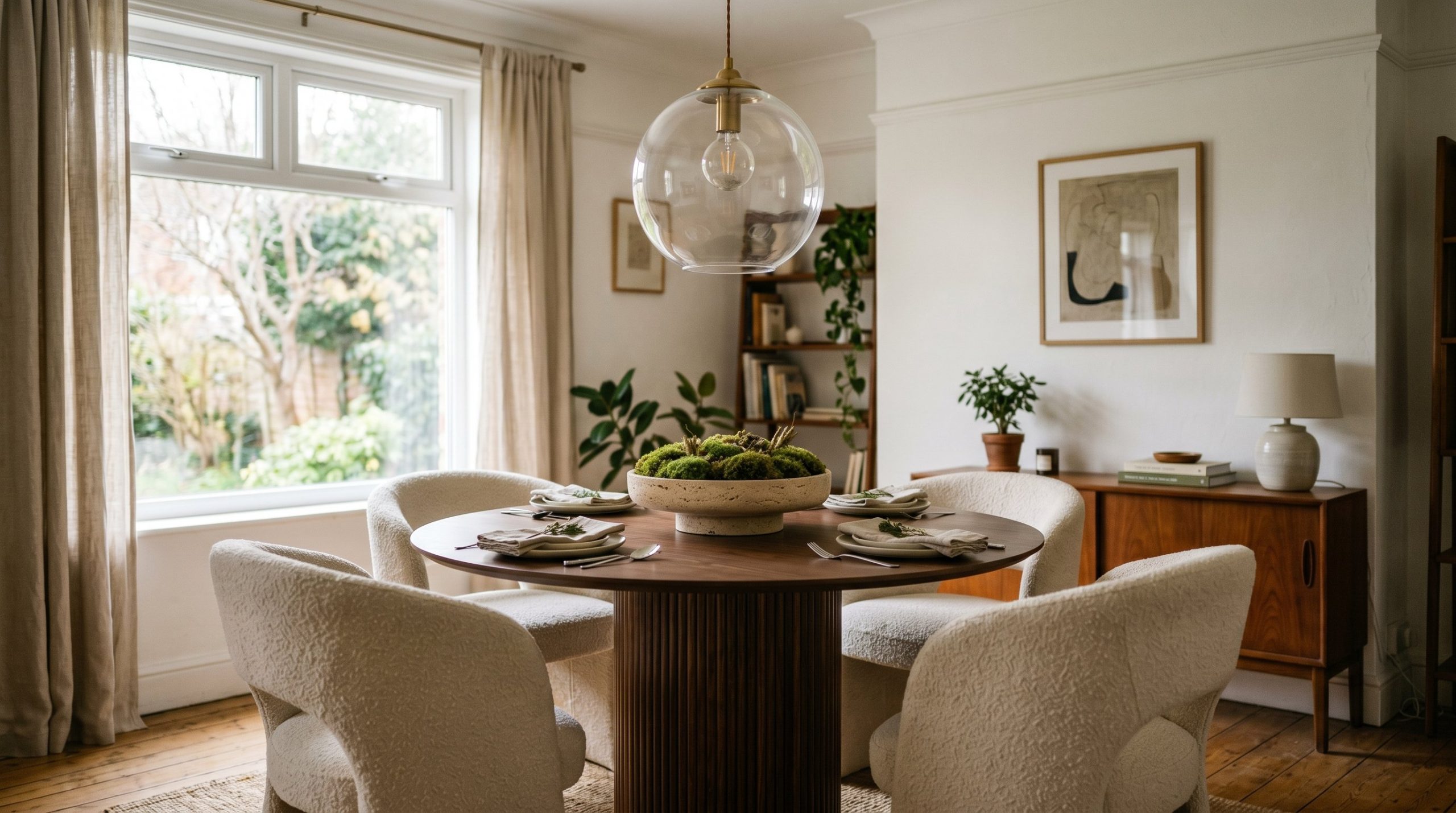 Photorealistic interior photo. A stunning fluted pedestal round dining table made of dark walnut, styled with a low travertine bowl of moss, surrounded by curved bouclé chairs. A large glass globe pen