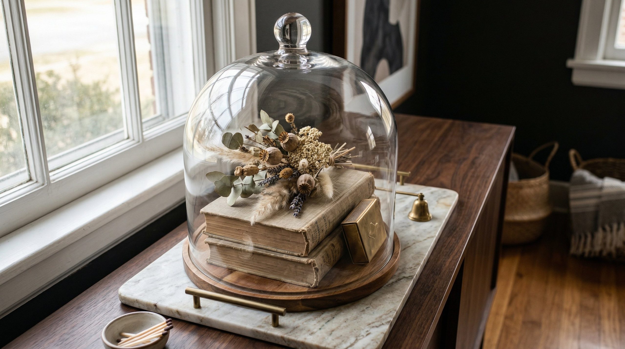 Photorealistic interior photo. A stunning glass cloche resting on a vintage marble tray on a dark wood console table. Inside, aged linen-covered books act as risers for a beautiful cluster of dried bo
