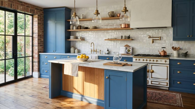 Photorealistic interior photo. A stunning kitchen featuring French blue shaker cabinets, unlacquered brass hardware, pearlescent white Zellige tile backsplash, and wide plank oak floors. Sunlight hitt
