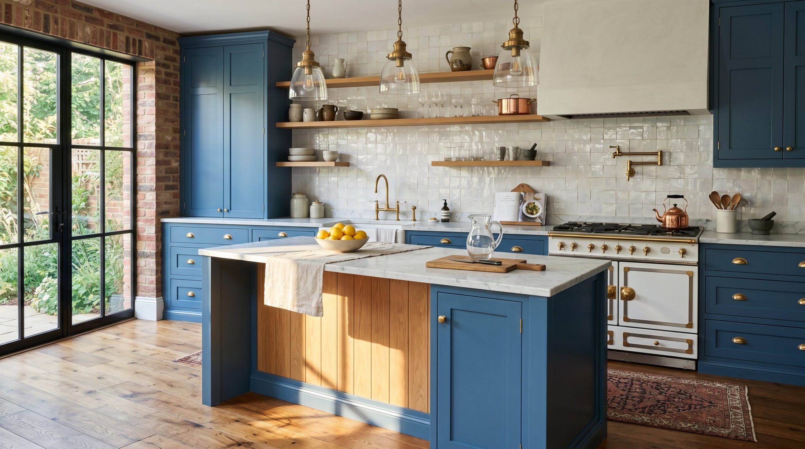 Photorealistic interior photo. A stunning kitchen featuring French blue shaker cabinets, unlacquered brass hardware, pearlescent white Zellige tile backsplash, and wide plank oak floors. Sunlight hitt
