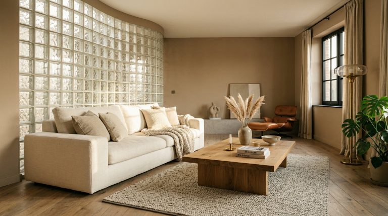 Photorealistic interior photo. A stunning late-90s minimalist living room. A chunky, oversized ivory linen sofa sits next to an architectural glass block wall. Warm taupe painted walls, a heavy solid