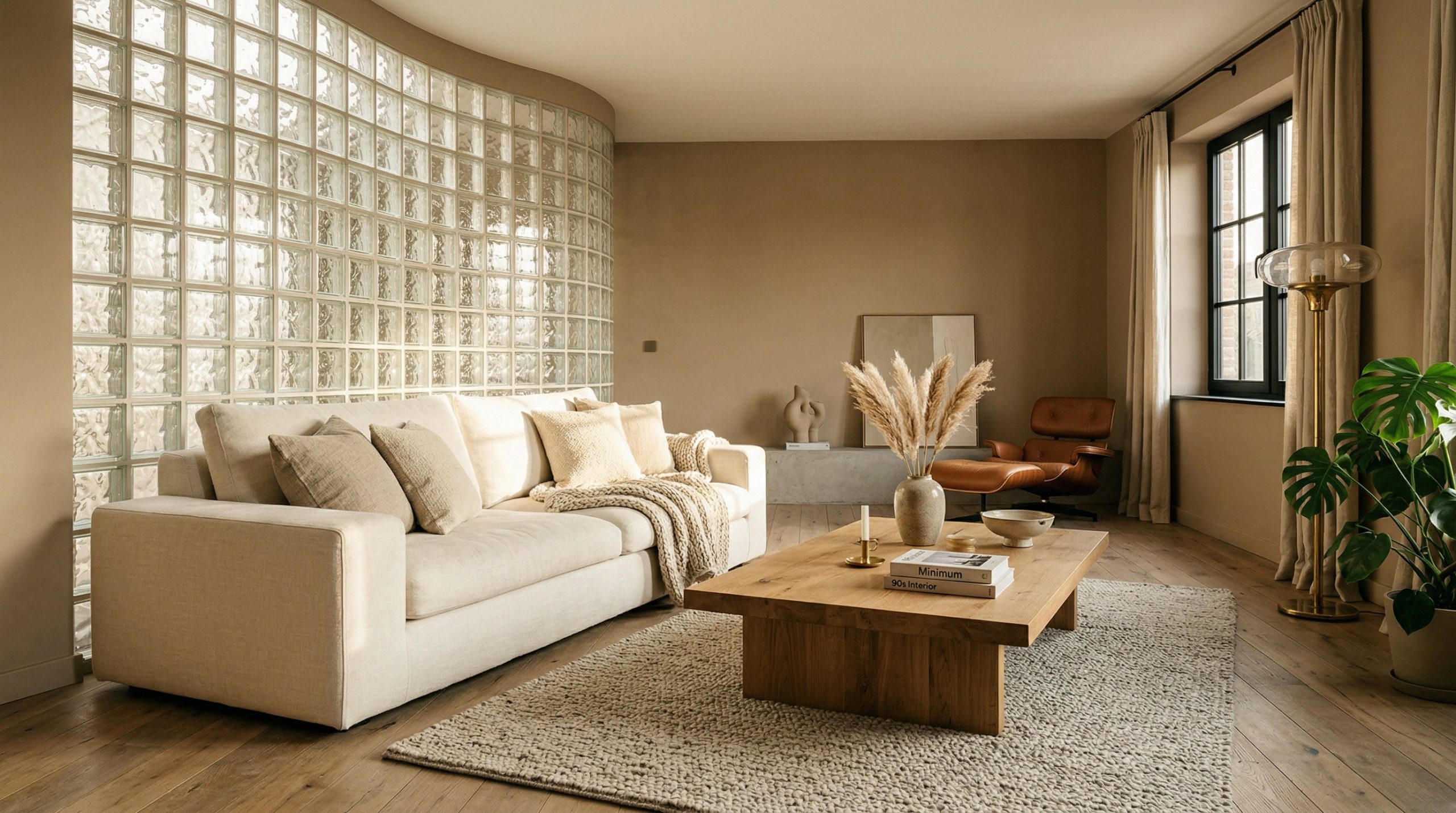 Photorealistic interior photo. A stunning late-90s minimalist living room. A chunky, oversized ivory linen sofa sits next to an architectural glass block wall. Warm taupe painted walls, a heavy solid