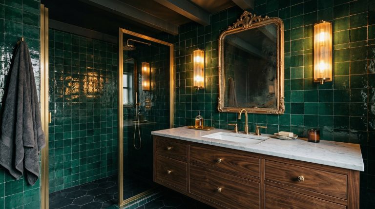 Photorealistic interior photo. A stunning moody bathroom featuring high-gloss deep emerald green Zellige tiles, a rich walnut vanity, and unlacquered brass hardware. Warm glowing ambient light from fl