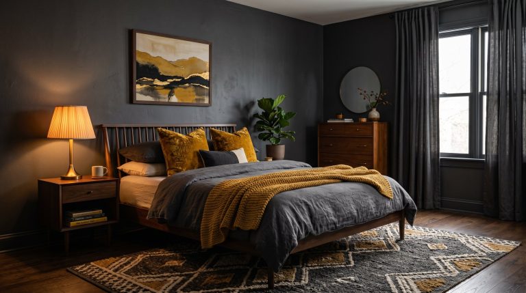 Photorealistic interior photo. A stunning, moody bedroom balancing mid-century and modern design. Deep charcoal walls, a dark walnut bed frame, heavily textured mustard yellow velvet pillows, and a ch