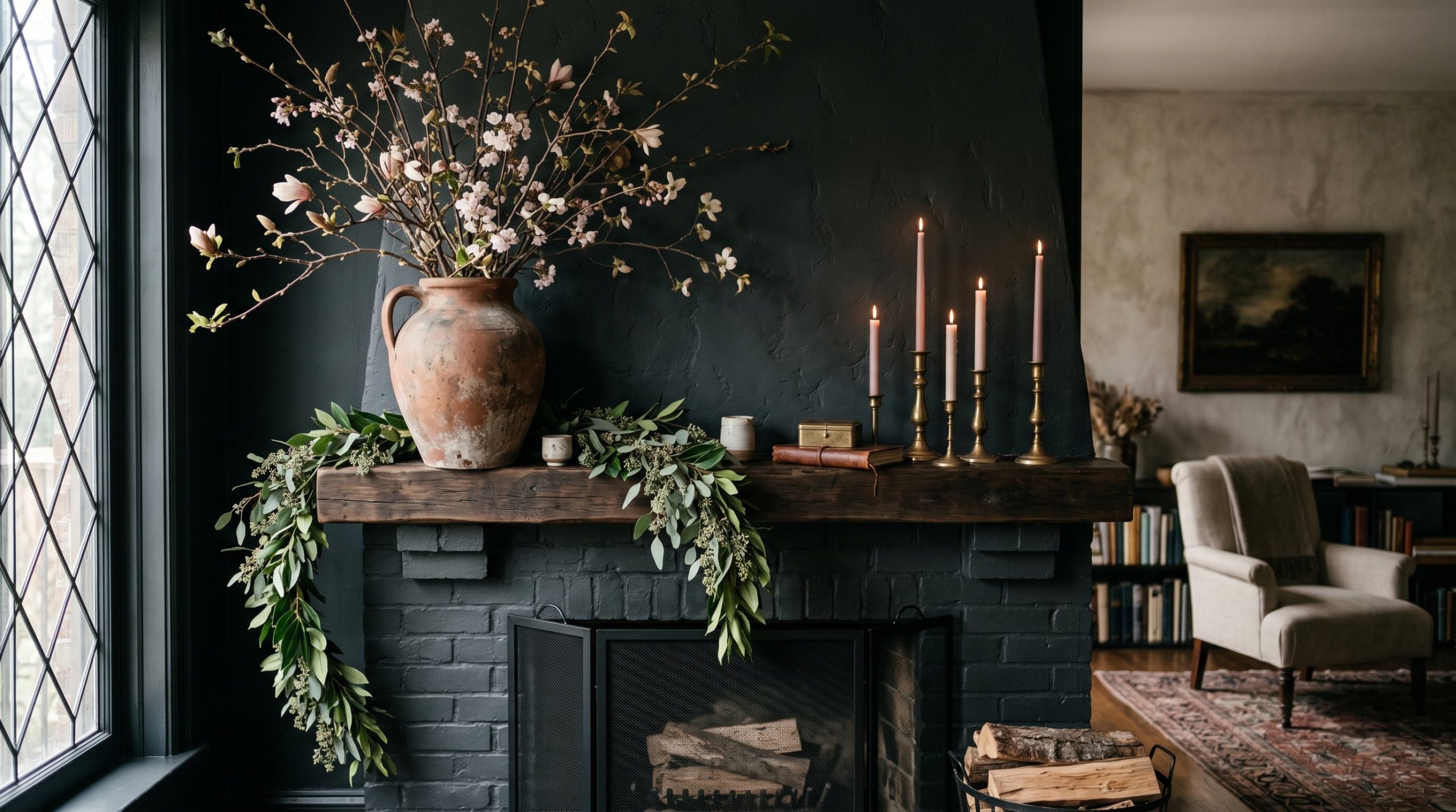 Photorealistic interior photo. A stunning, moody spring mantel on a dark charcoal-painted fireplace. Asymmetrical styling featuring a massive, weathered terra cotta jug filled with wild, unruly forage