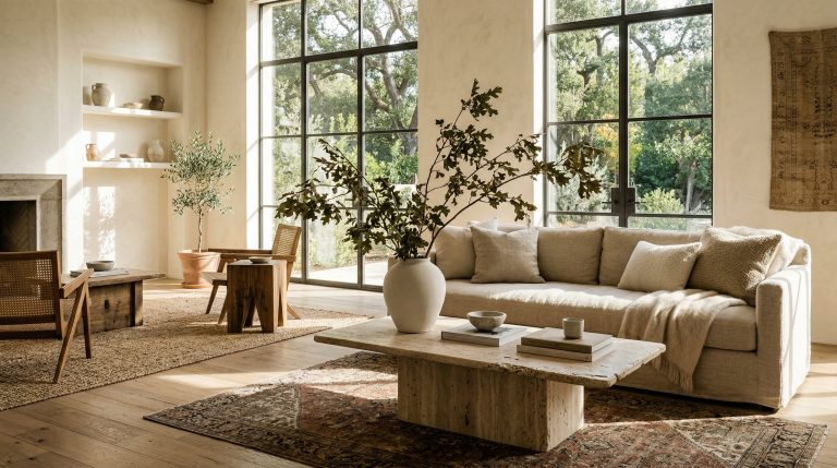 Photorealistic interior photo. A stunning organic modern living room featuring a slubby linen sofa, a chunky vintage travertine coffee table, and large foraged branches in a matte ceramic vase. Textur