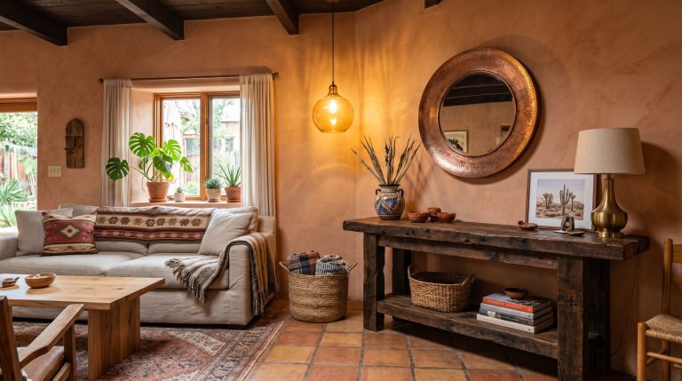 Photorealistic interior photo. A stunning rustic Mexican living space featuring a heavy reclaimed wood console, authentic matte Saltillo tile floors, terracotta limewash walls, and an amber glass pend