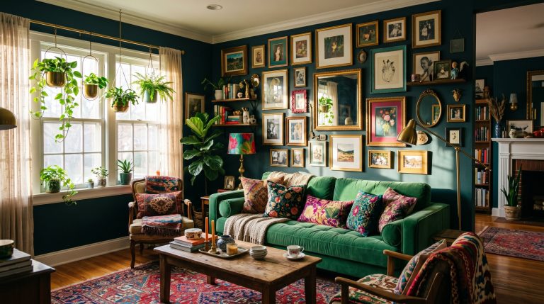 Photorealistic interior photo. A stunning whimsical maximalist living room featuring an emerald green velvet sofa, a floor-to-ceiling mismatched gallery wall, trailing hanging plants in brass pots, an