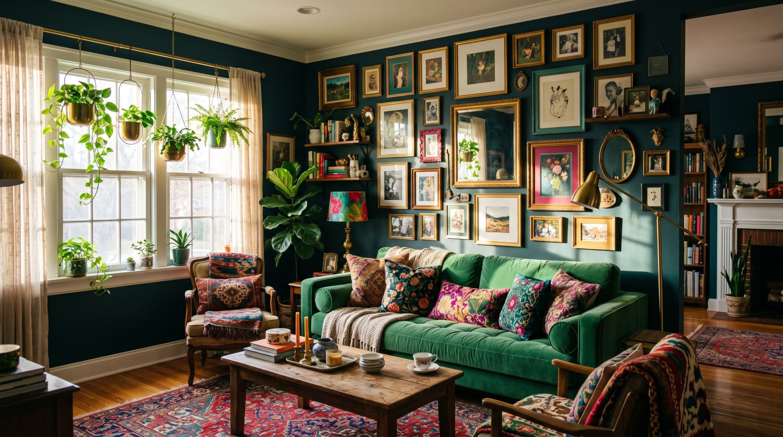 Photorealistic interior photo. A stunning whimsical maximalist living room featuring an emerald green velvet sofa, a floor-to-ceiling mismatched gallery wall, trailing hanging plants in brass pots, an